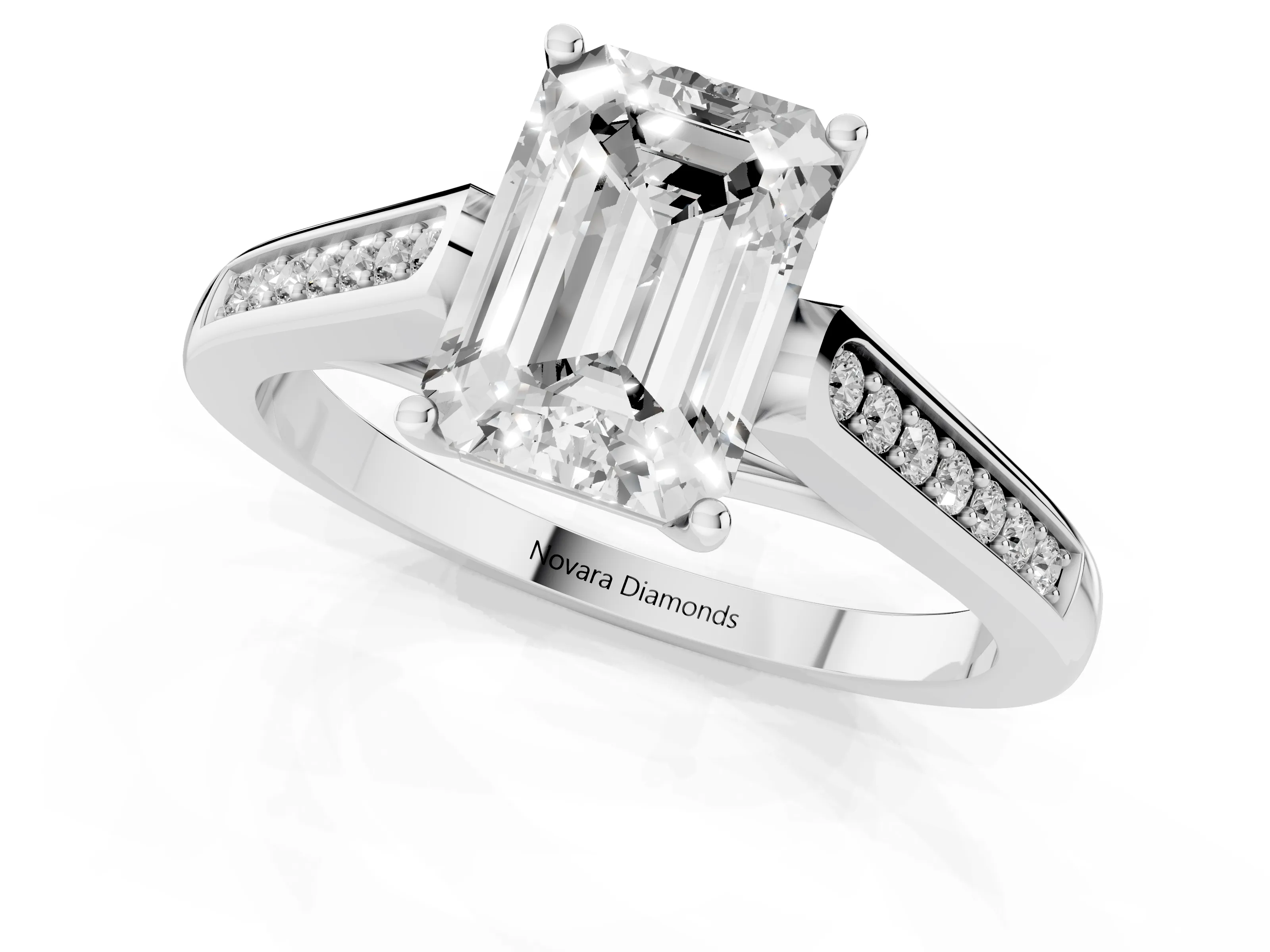Emerald Cut Diamond Solitaire Cathedral Engagement Ring Set in White gold with Channel-Set Band and Prong Setting