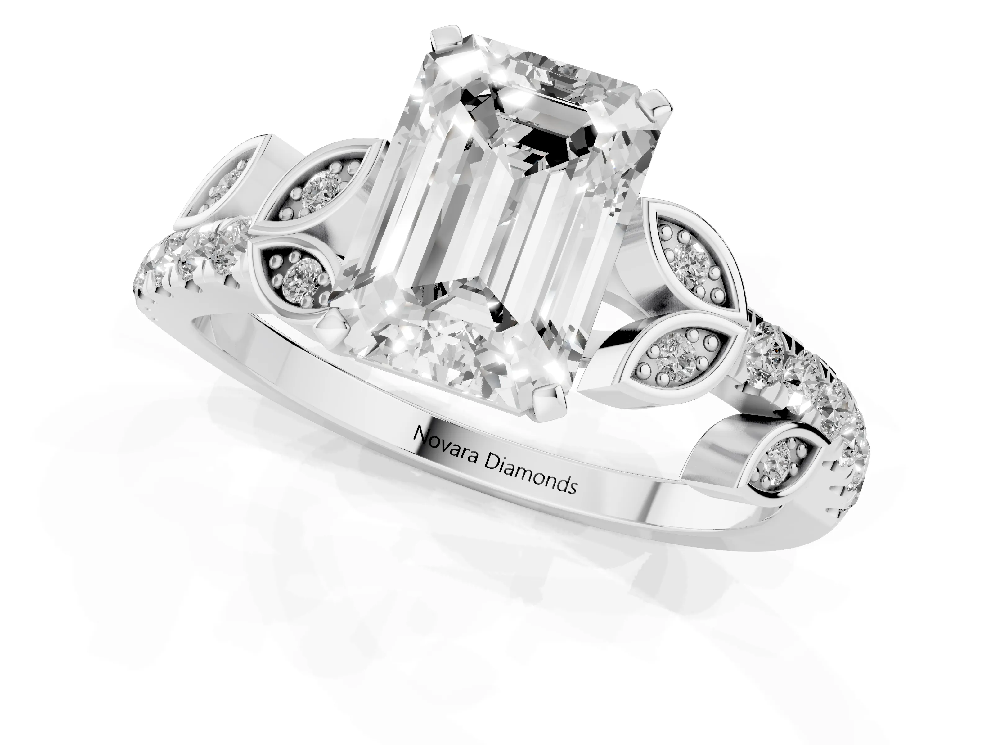 Emerald Cut Diamond Solitaire Leaf-Inspired Ring Set in White gold with Pavé Band and Prong Setting – second view