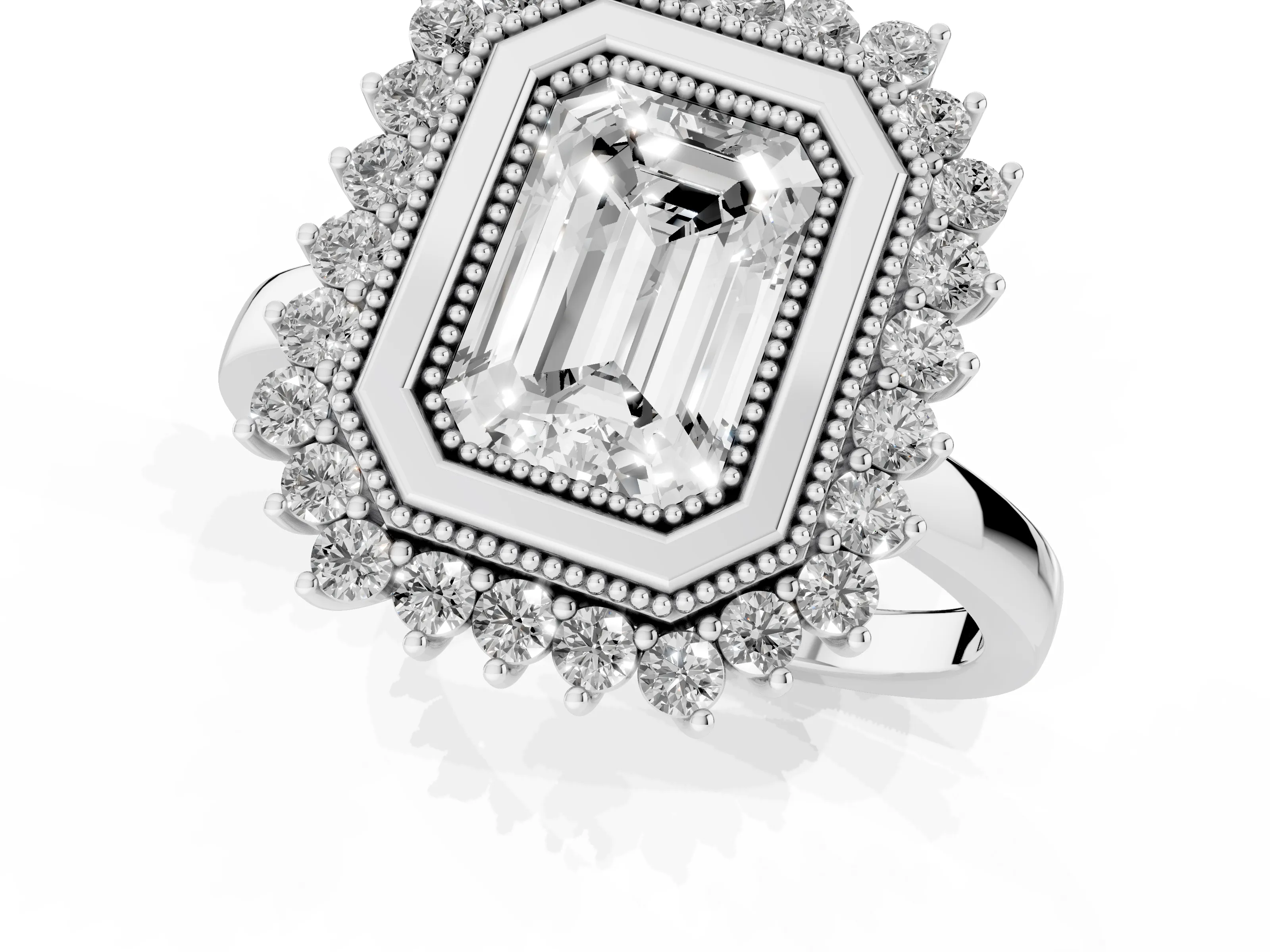 Emerald Cut Diamond Halo Ring Set in White gold with Milgrain Edge and Round Prong Setting – second view