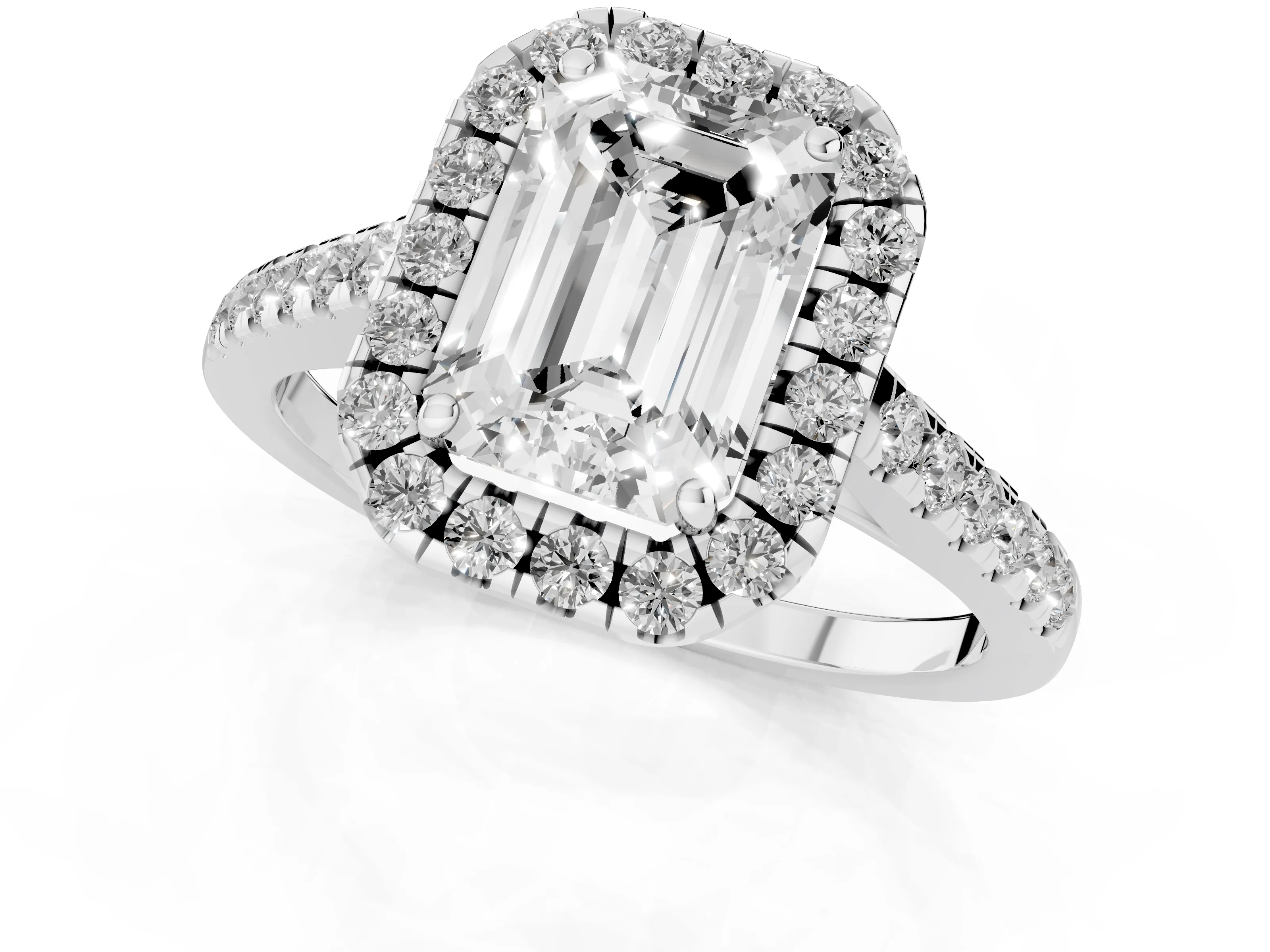 Emerald Cut Diamond Halo Pavé Engagement Ring Set in Silver with Prong Setting