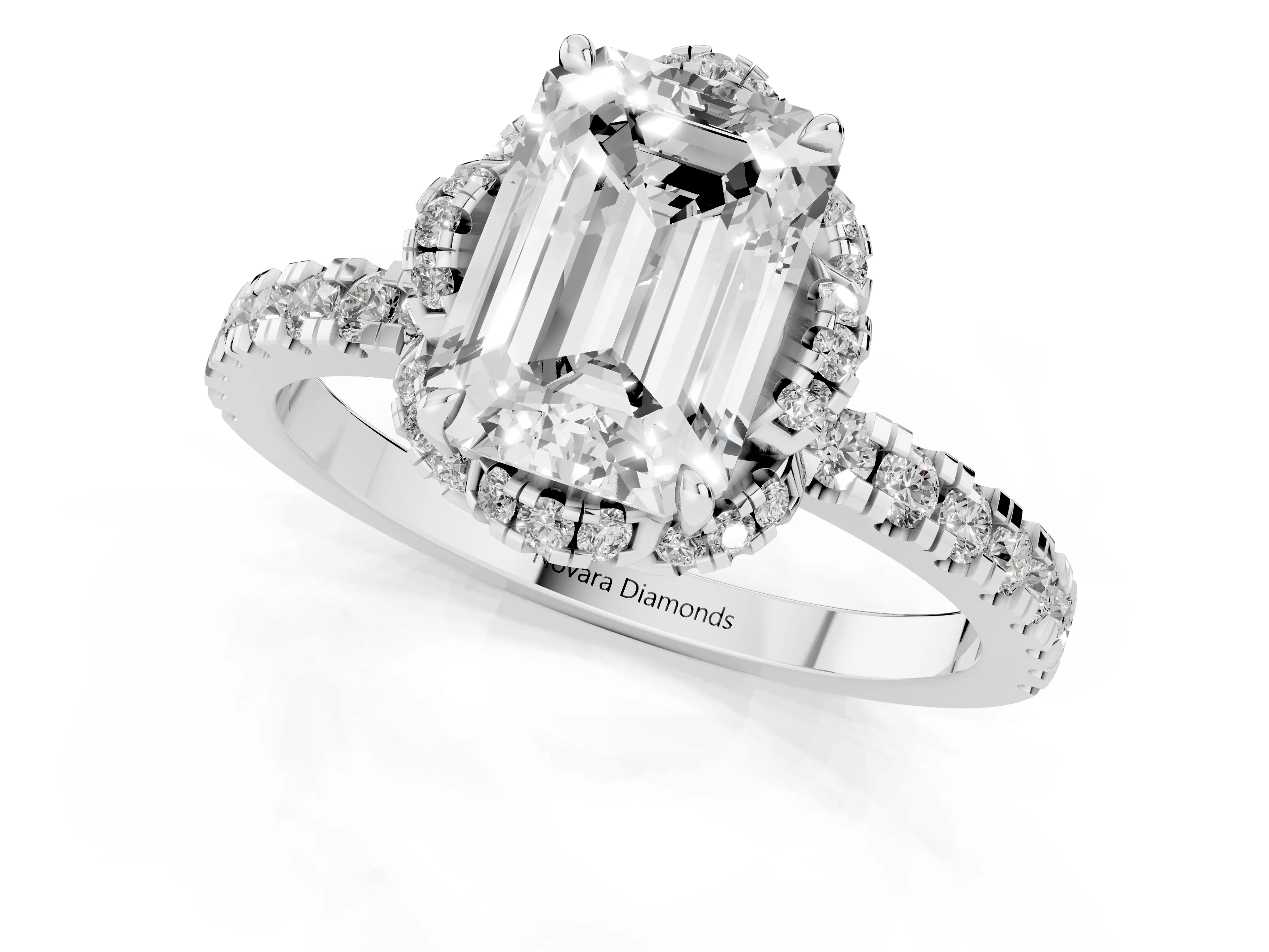 Emerald Cut Diamond Halo Pavé Band Ring Set in White gold with Prong-Held Center – second view
