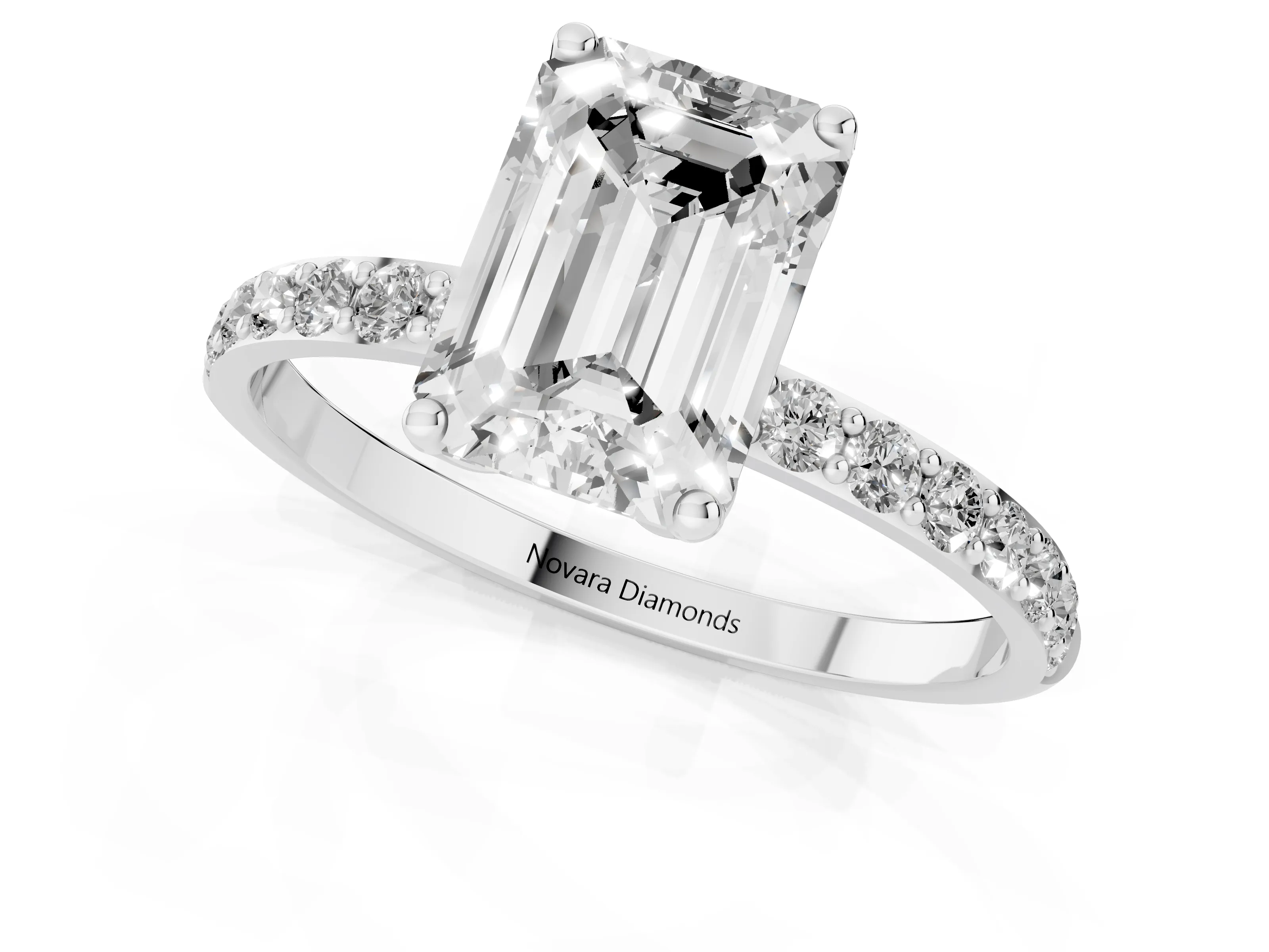 Emerald Cut Diamond Solitaire Engagement Ring Set in Platinum with Round Pavé Band and Prong Setting