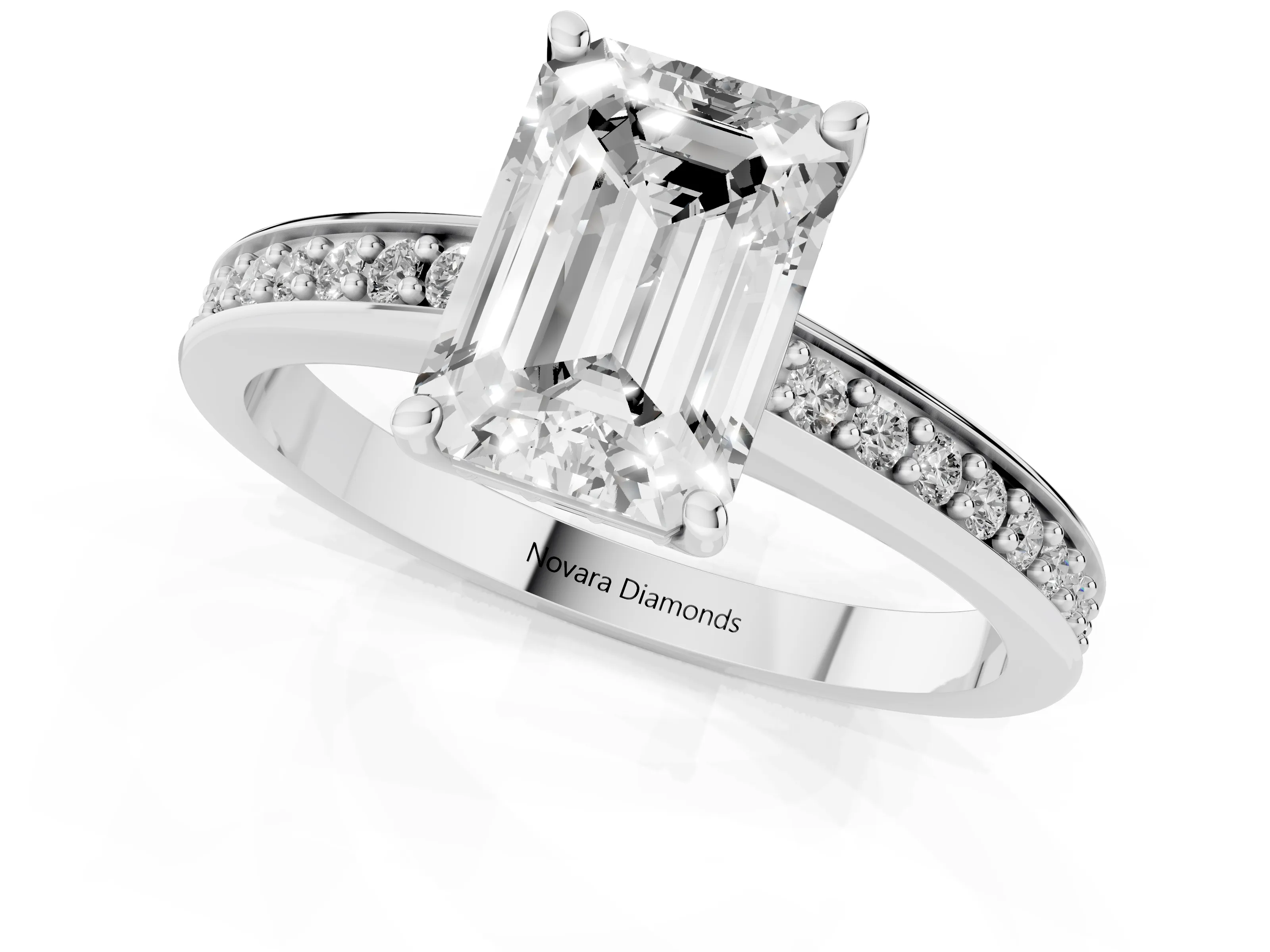 Emerald Cut Diamond Pavé Band Prong Set Solitaire Ring Set in White gold