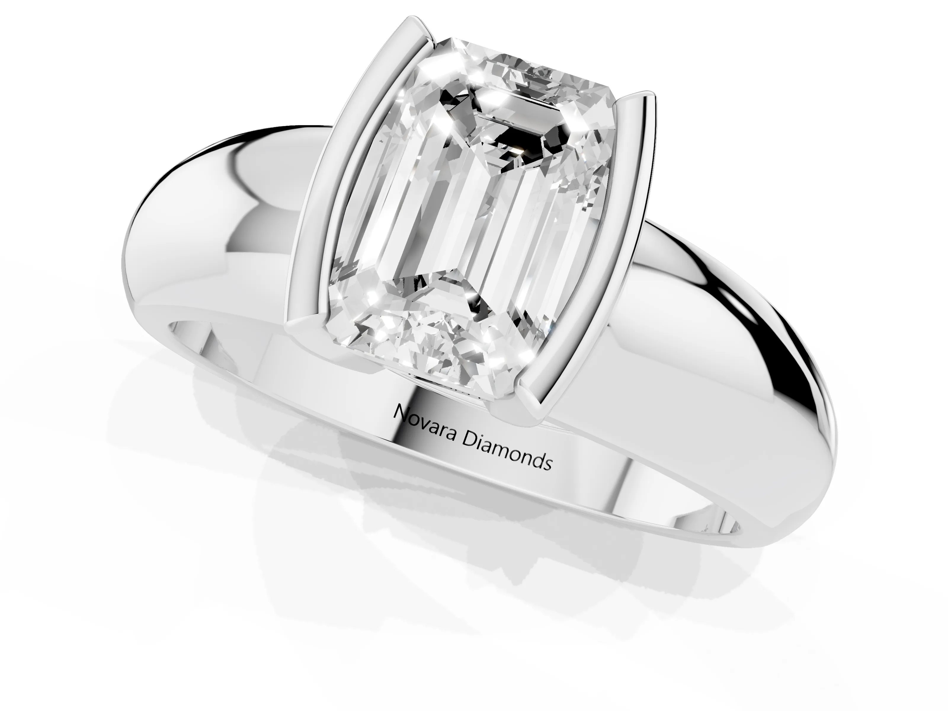 Emerald Cut Diamond Solitaire Tension Set Ring Set in White gold with Wide Band