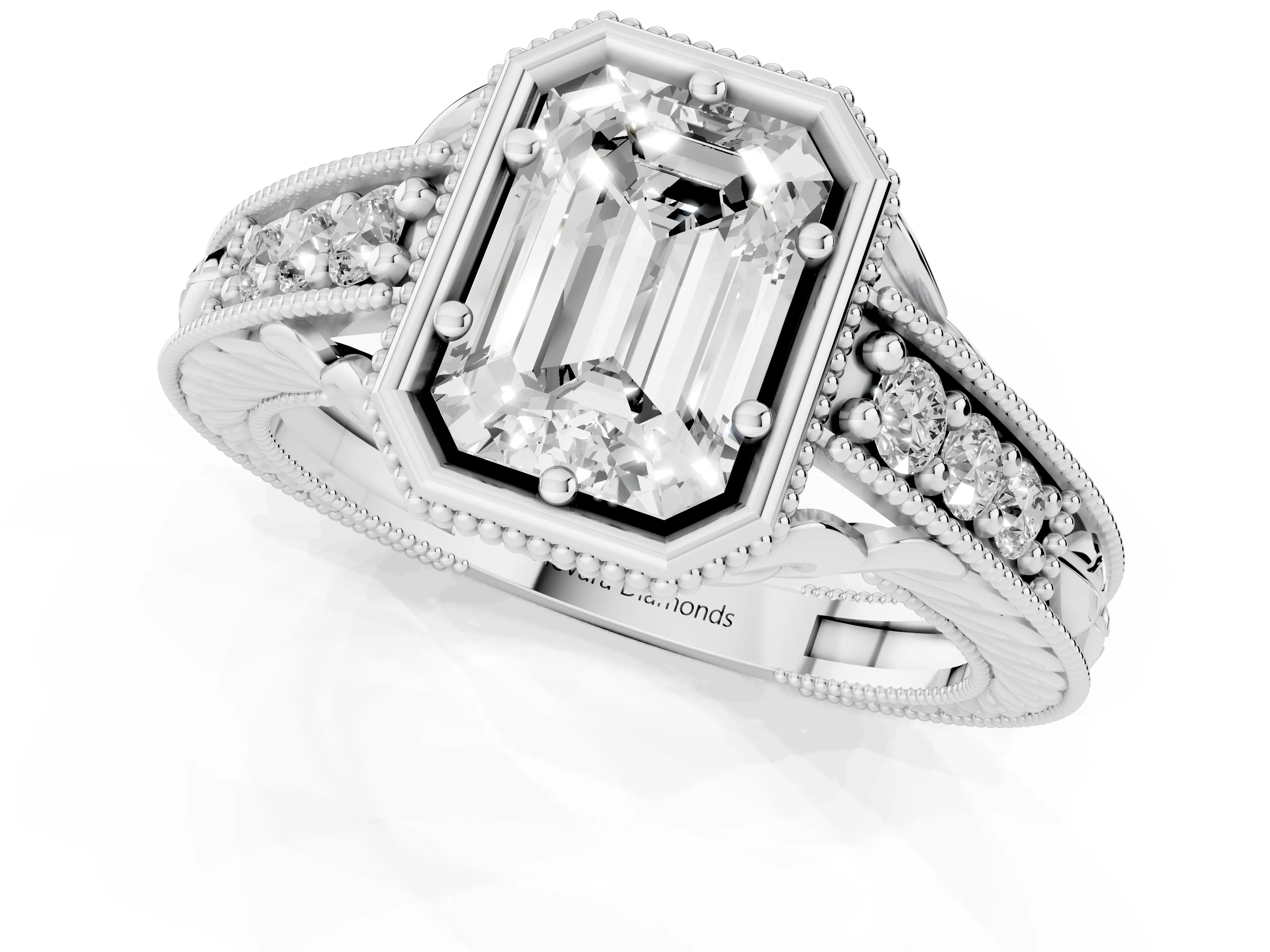 Bezel Set Emerald Cut Diamond Milgrain Pavé Engagement Ring Set in White gold – second view