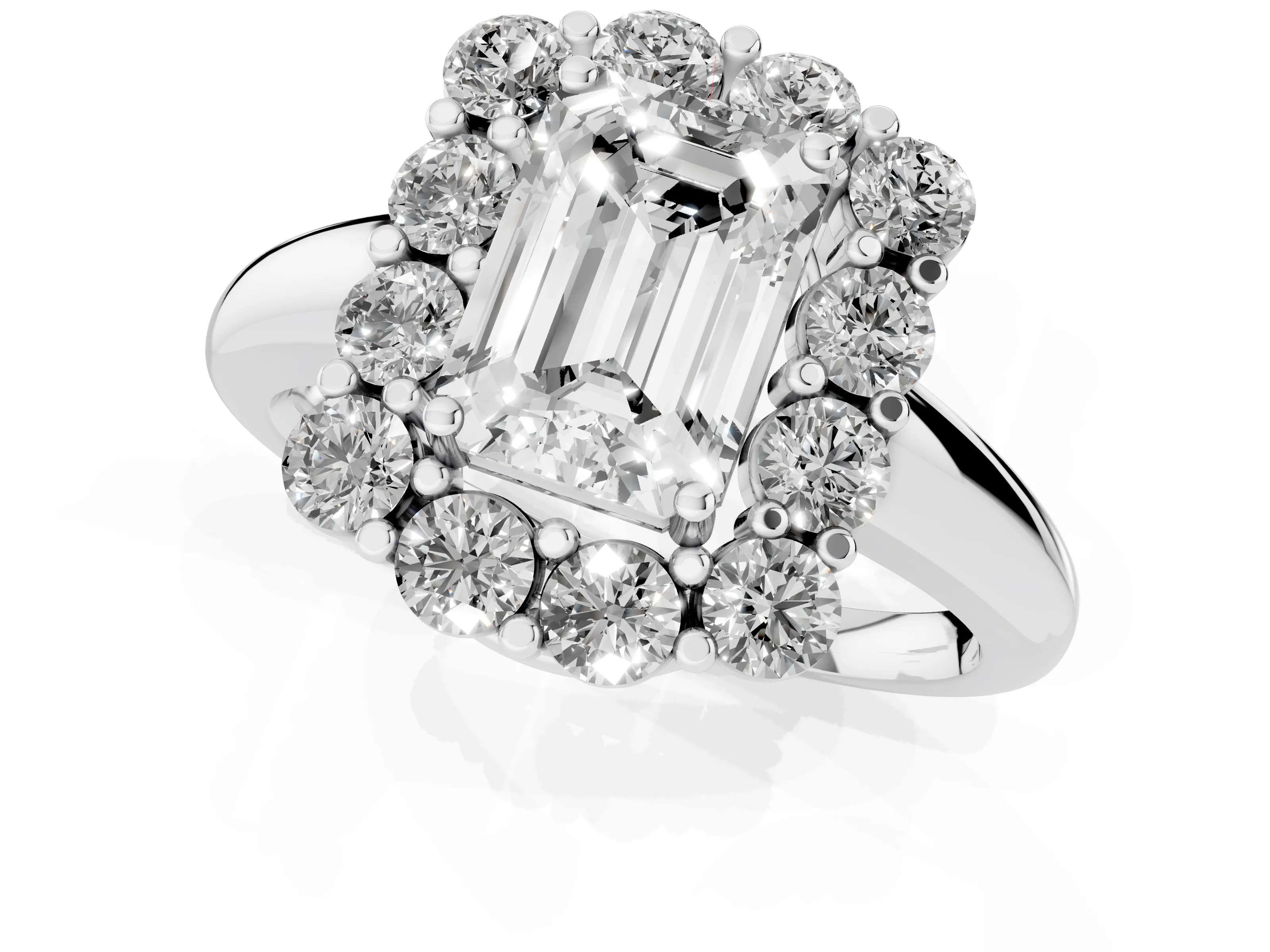 Emerald Cut Diamond Halo Cluster Engagement Ring Set in White gold with Polished Band and Prong Setting