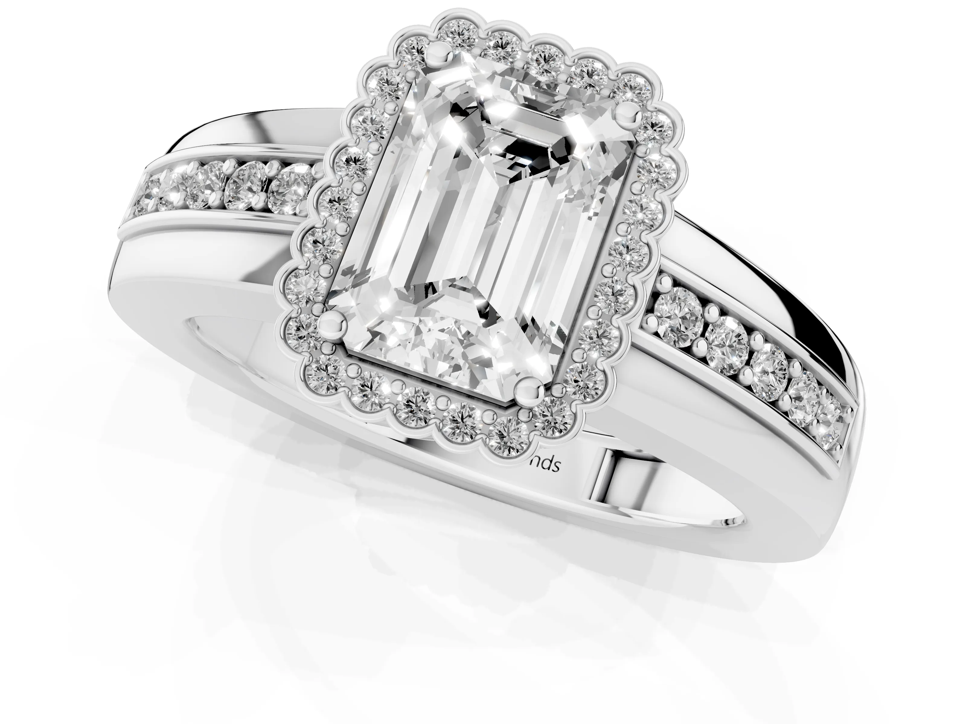 Emerald Cut Diamond Halo Prong Ring Set in White gold with Pavé Band – second view
