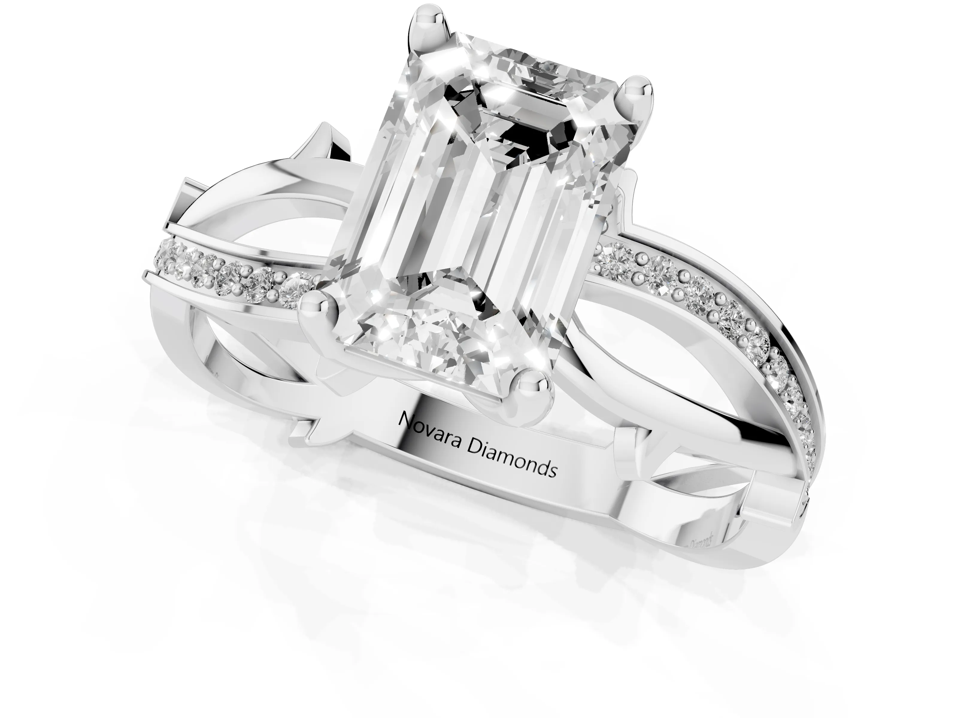 Emerald Cut Diamond Pavé Twist Band Solitaire Ring Set in Silver with Prong Setting
