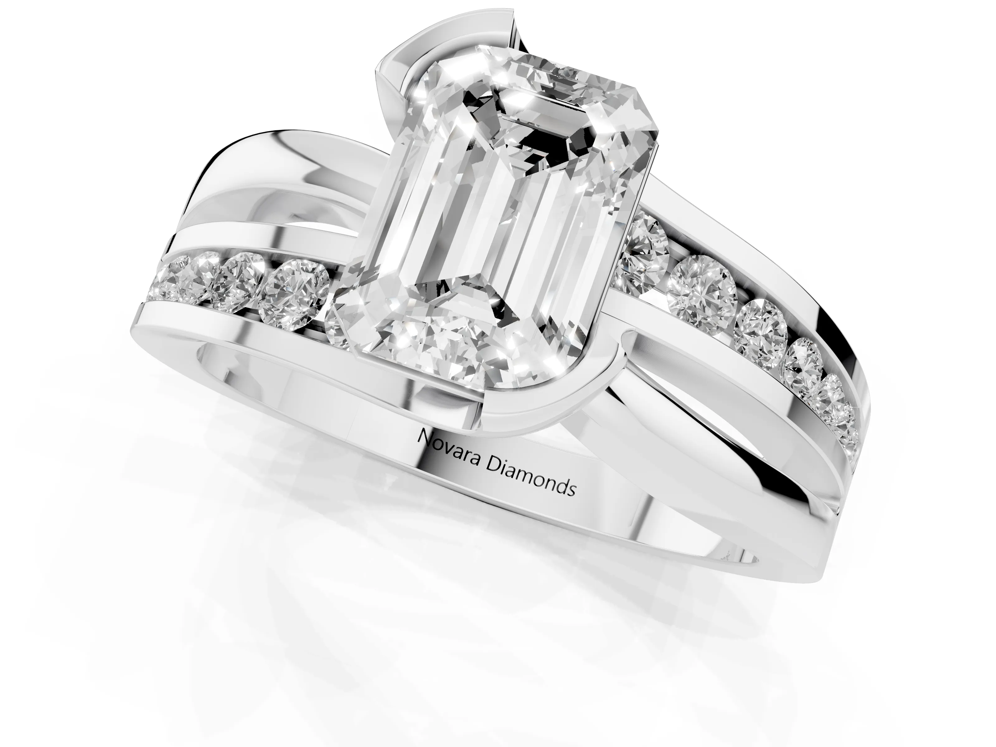 Emerald Cut Diamond Solitaire Ring Set in Silver with Channel Set Split Shank and Tension Prongs