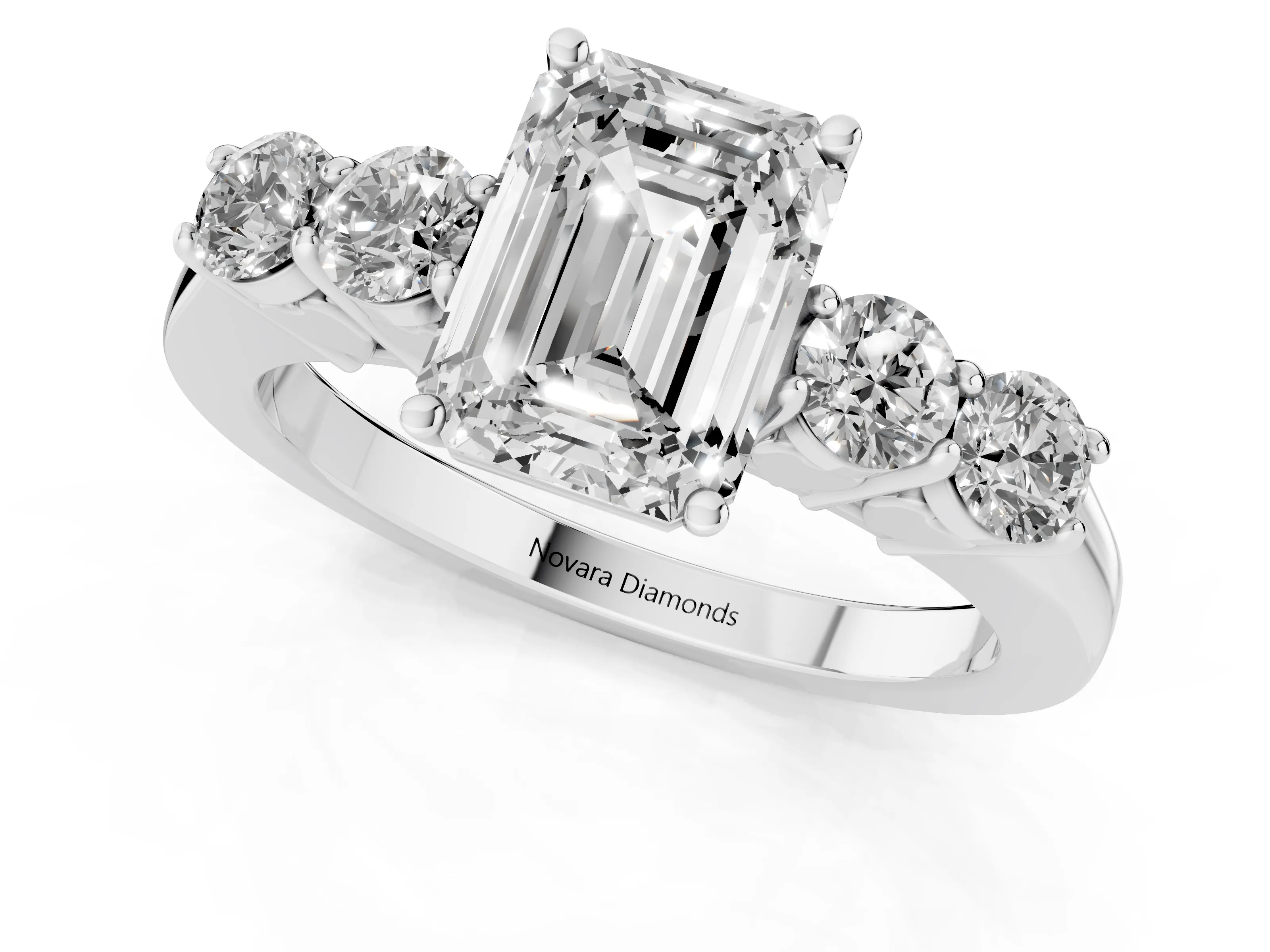 Emerald Cut Diamond Five-Stone Prong Set Band Ring Set in White gold with Polished Band