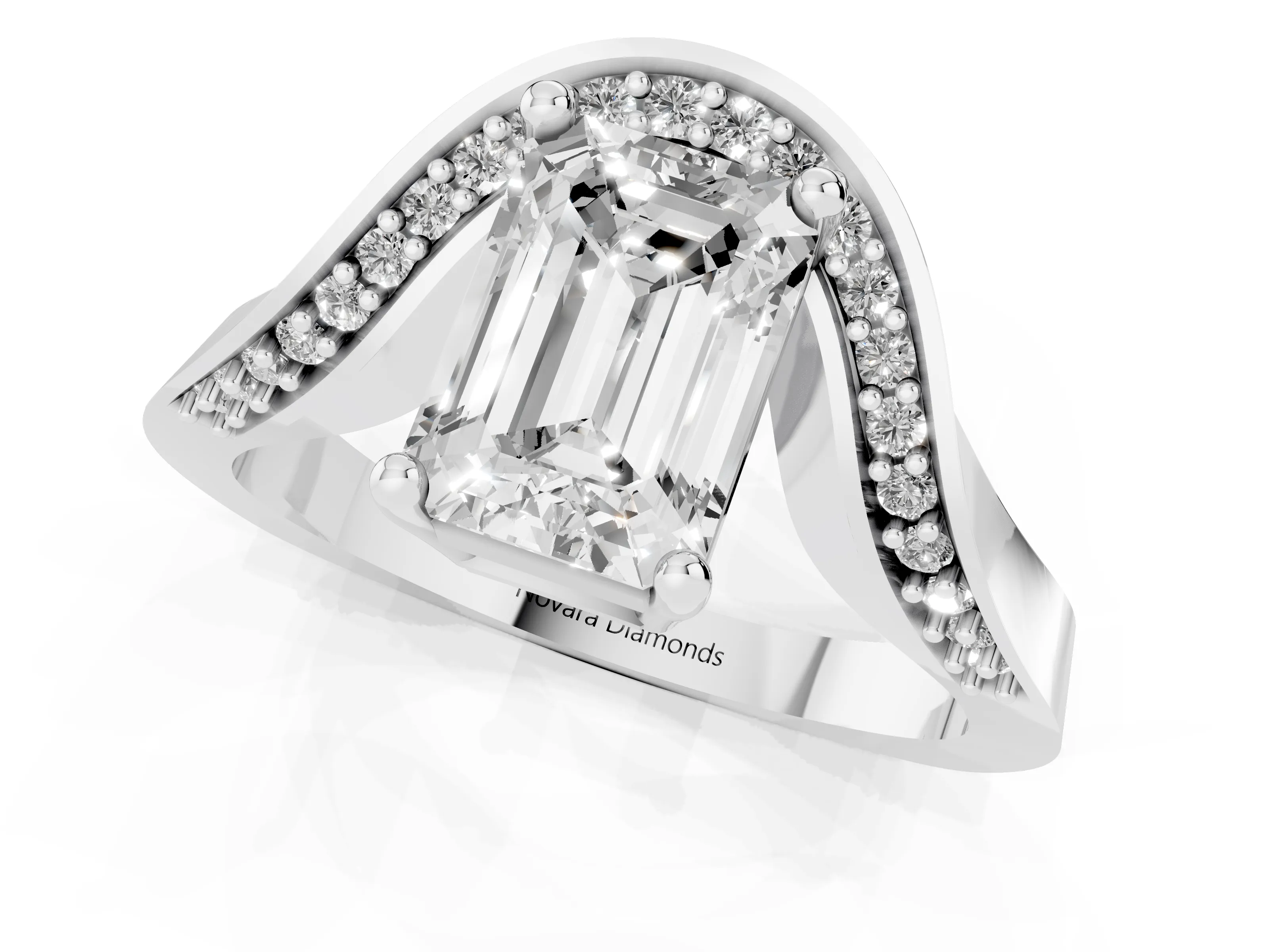 Emerald Cut Diamond Solitaire Engagement Ring Set in Platinum with Pavé Shoulders