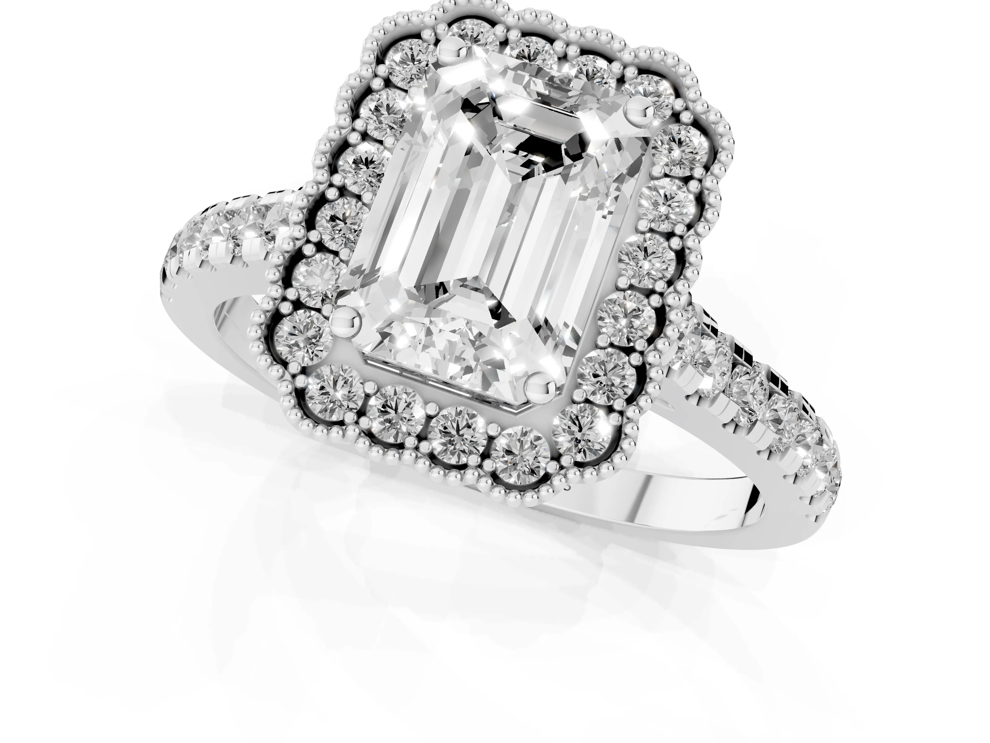 Emerald Cut Diamond Milgrain Floral Halo Engagement Ring Set in White gold with Pavé Band – second view
