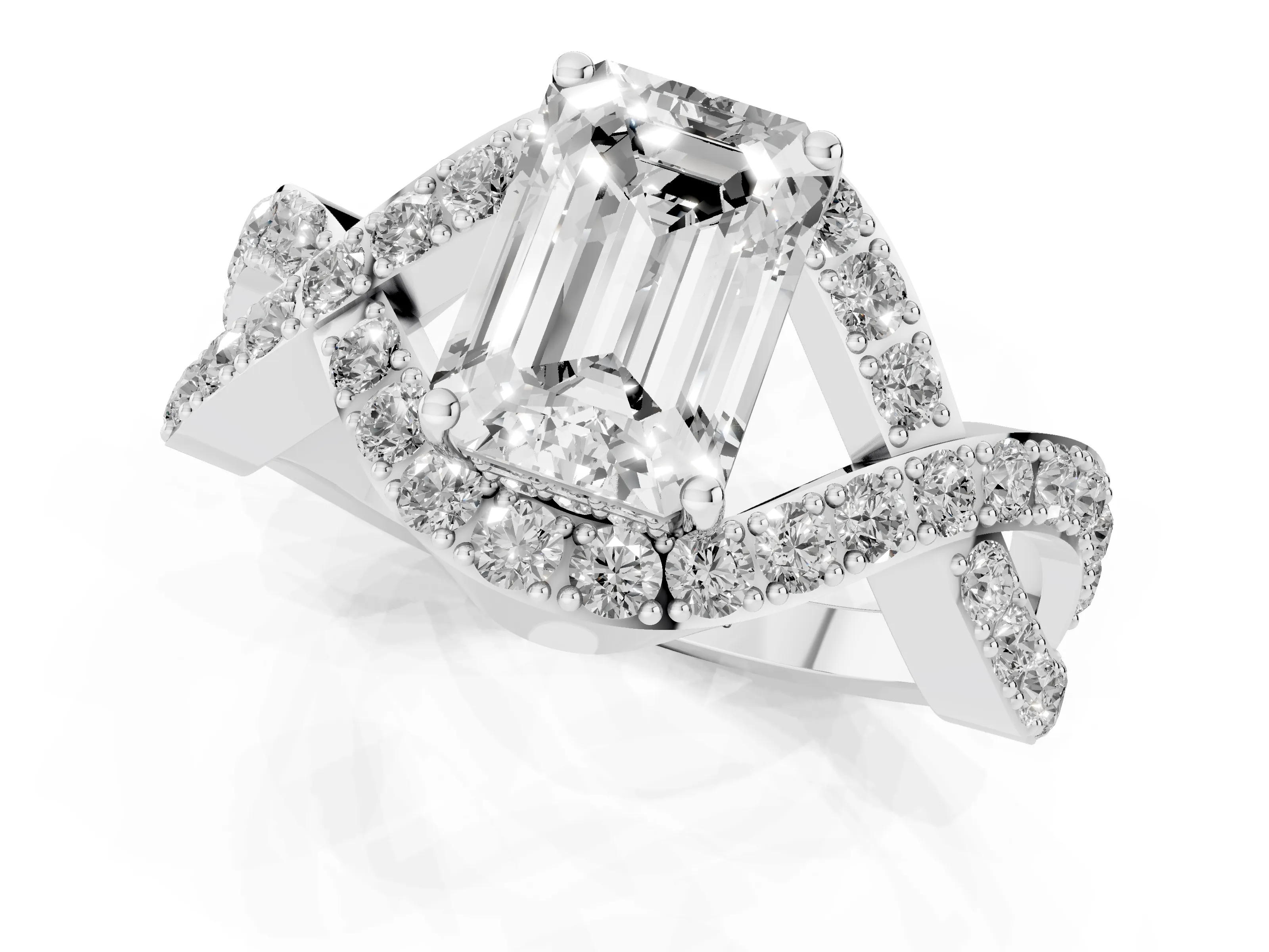 Emerald Cut Diamond Solitaire Twist Band Pavé Engagement Ring Set in Platinum
