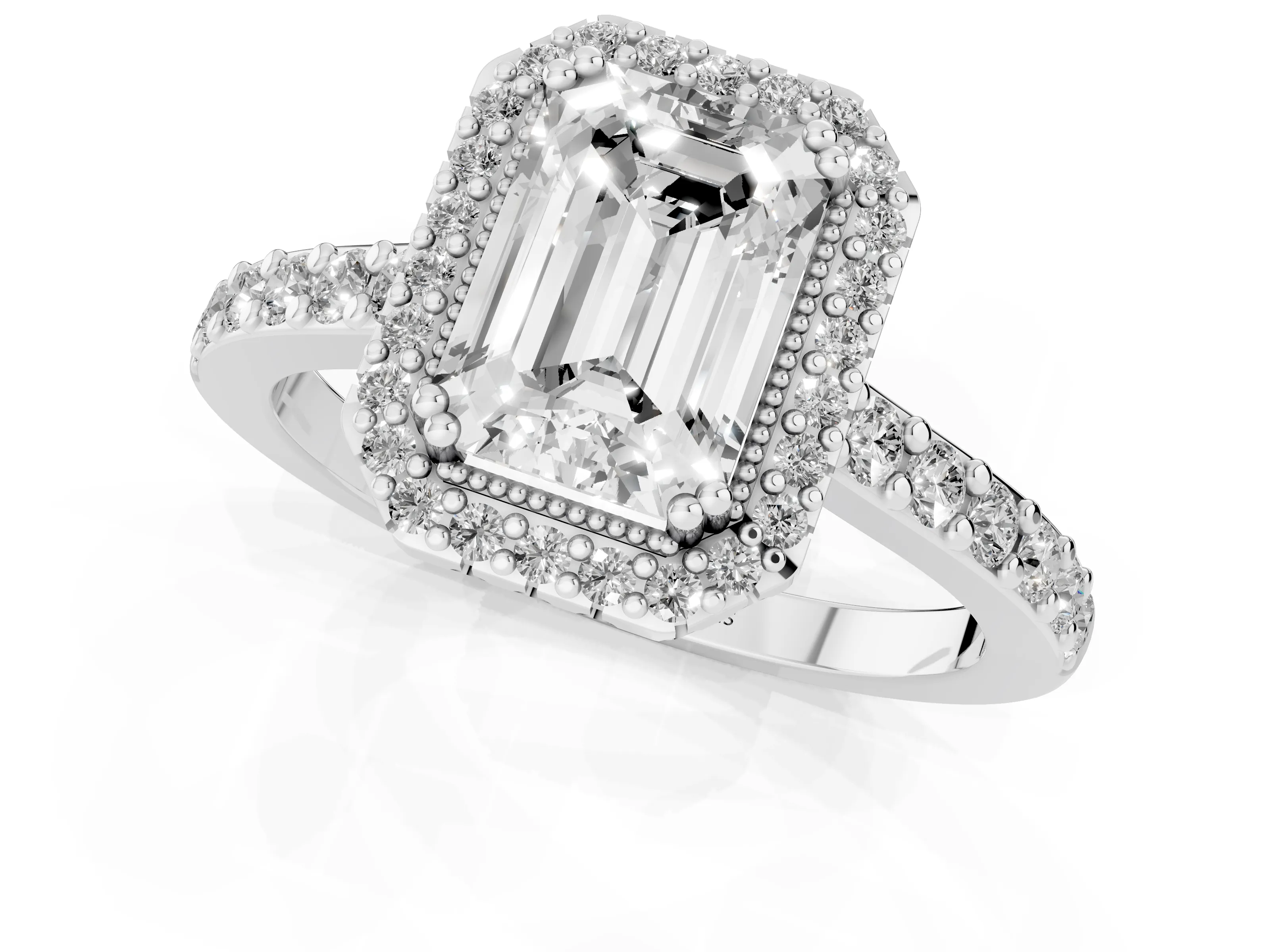 Emerald Cut Diamond Halo Engagement Ring Set in Platinum with Milgrain Detail and Pavé Band