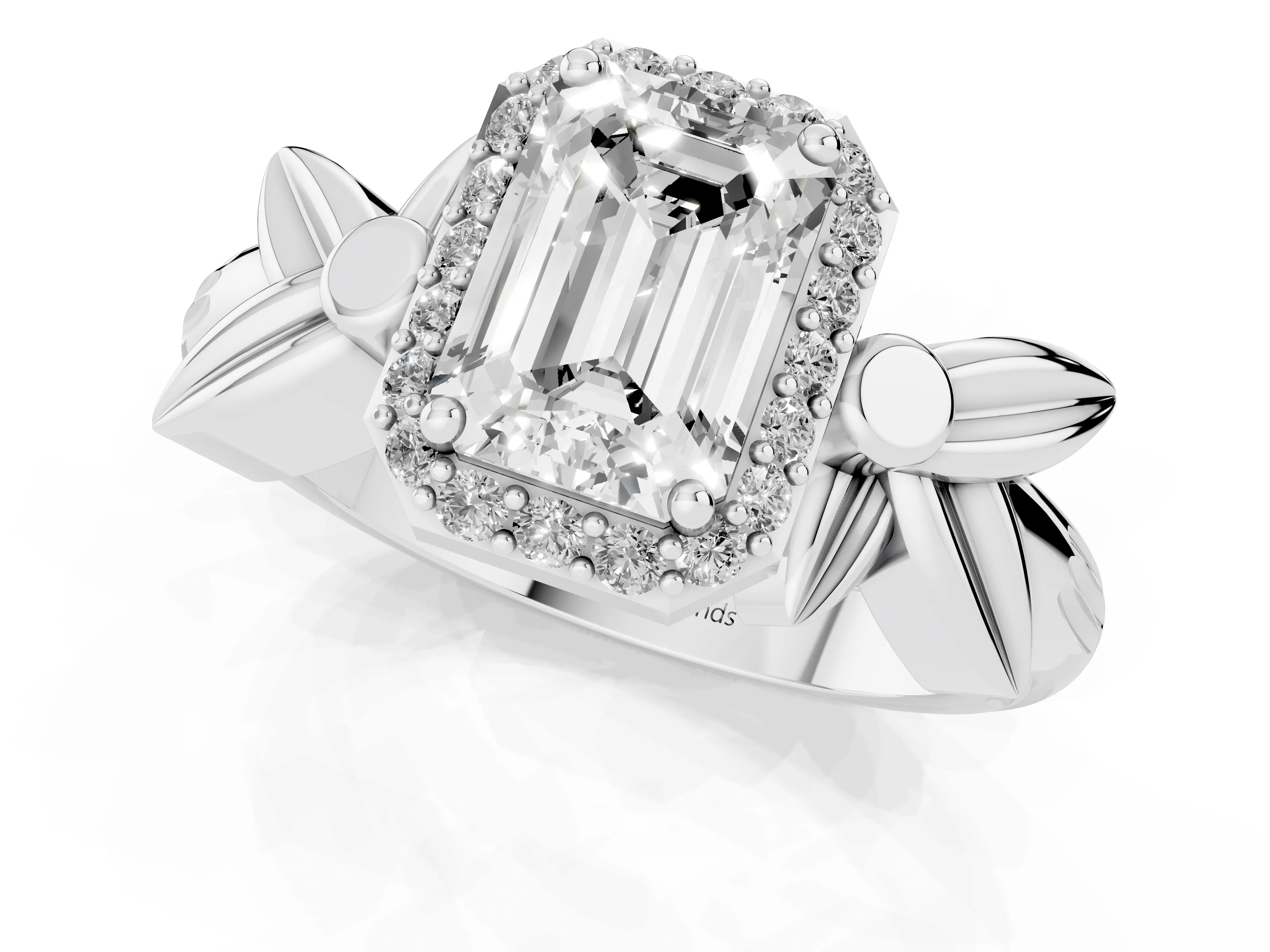 Emerald Cut Diamond Halo Floral Band Ring Set in White gold with Prong Setting