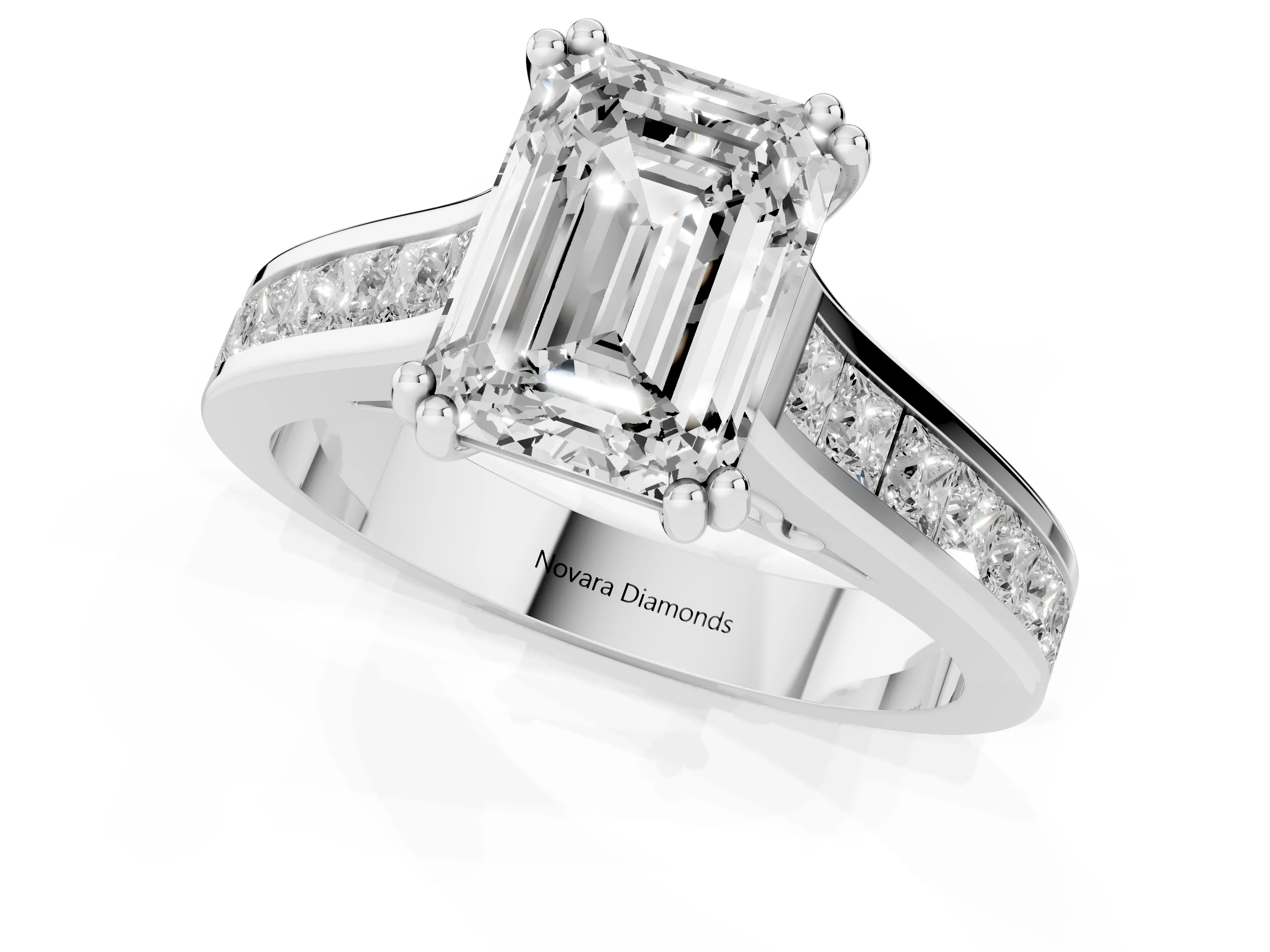Emerald Cut Diamond Channel Set Solitaire Engagement Ring Set in Silver with Prong Setting