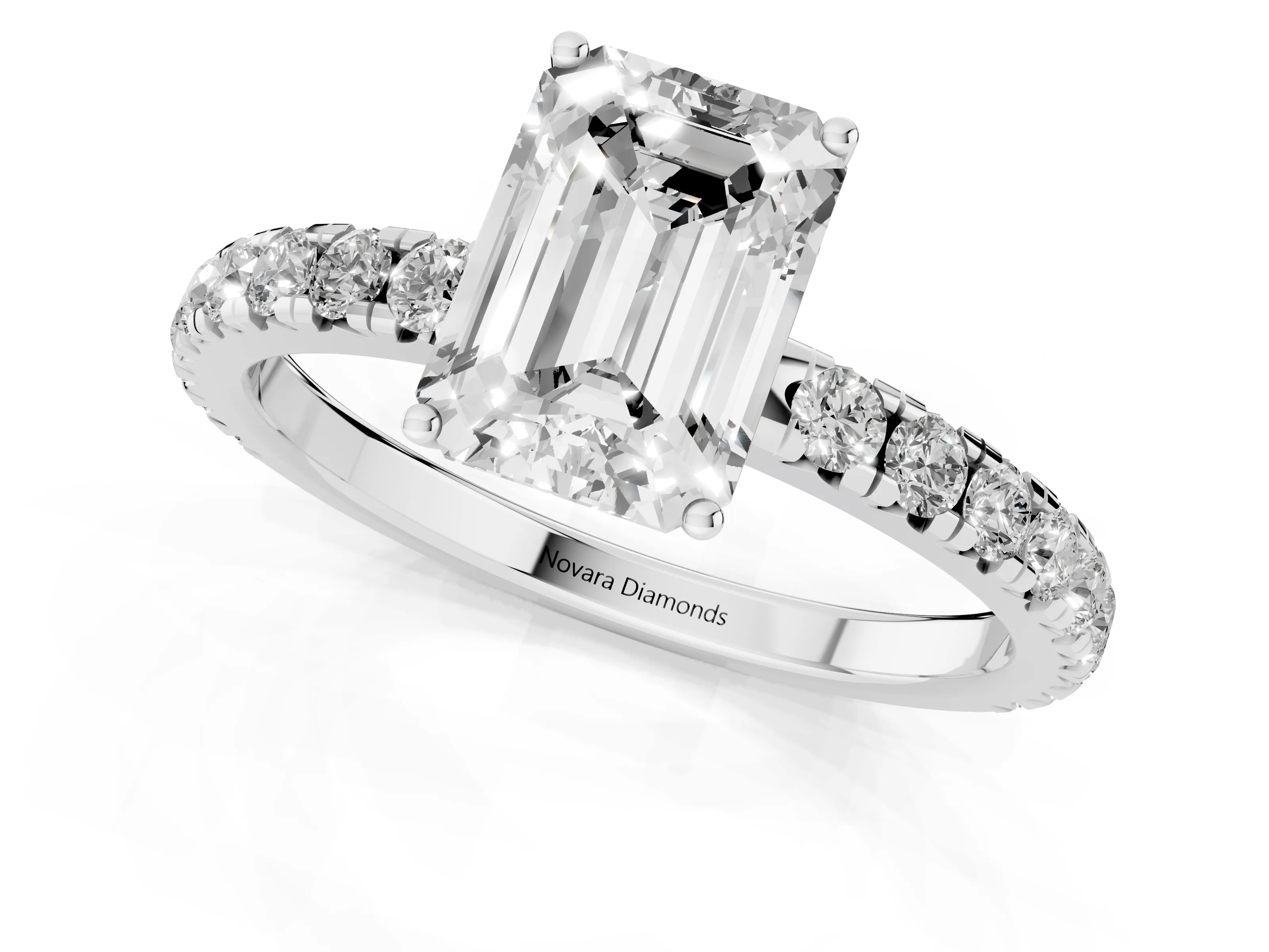 Emerald Cut Diamond Pavé Solitaire Engagement Ring Set in Silver with Prong Setting