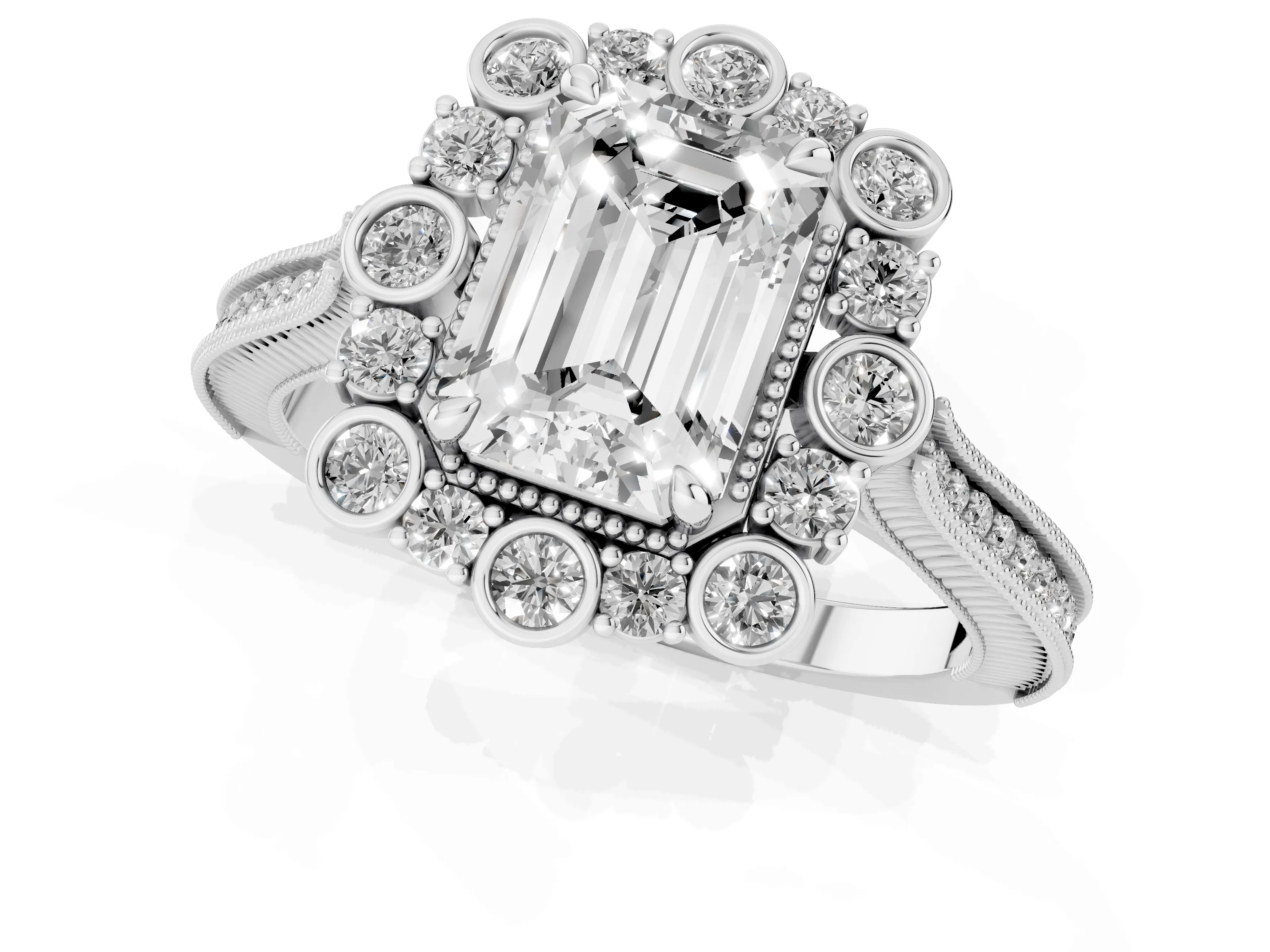 Emerald Cut Diamond Halo Milgrain Pavé Ring Set in White gold with Prong Setting