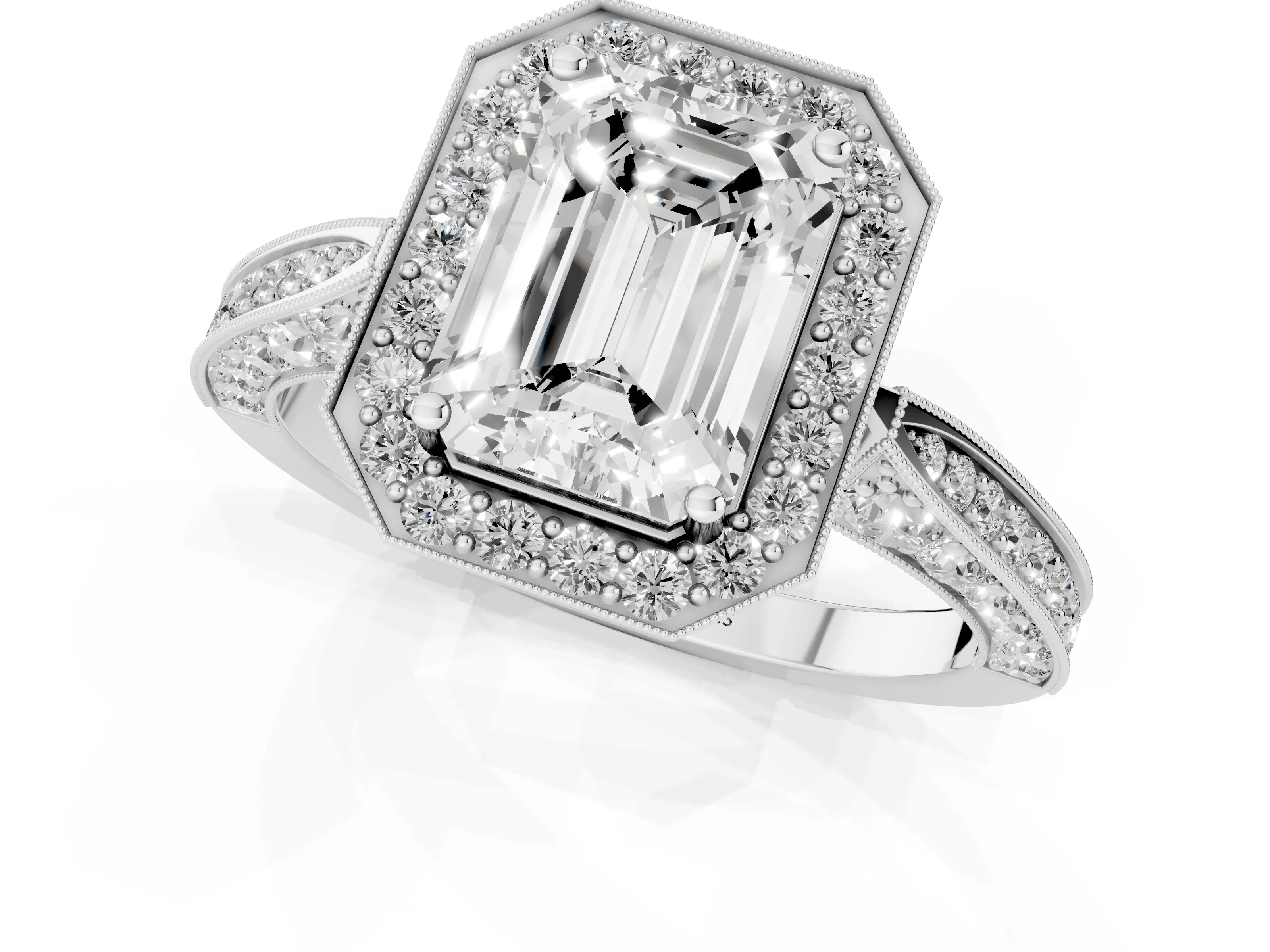 Emerald Cut Diamond Halo Engagement Ring Set in Silver with Accent Split Shank Band