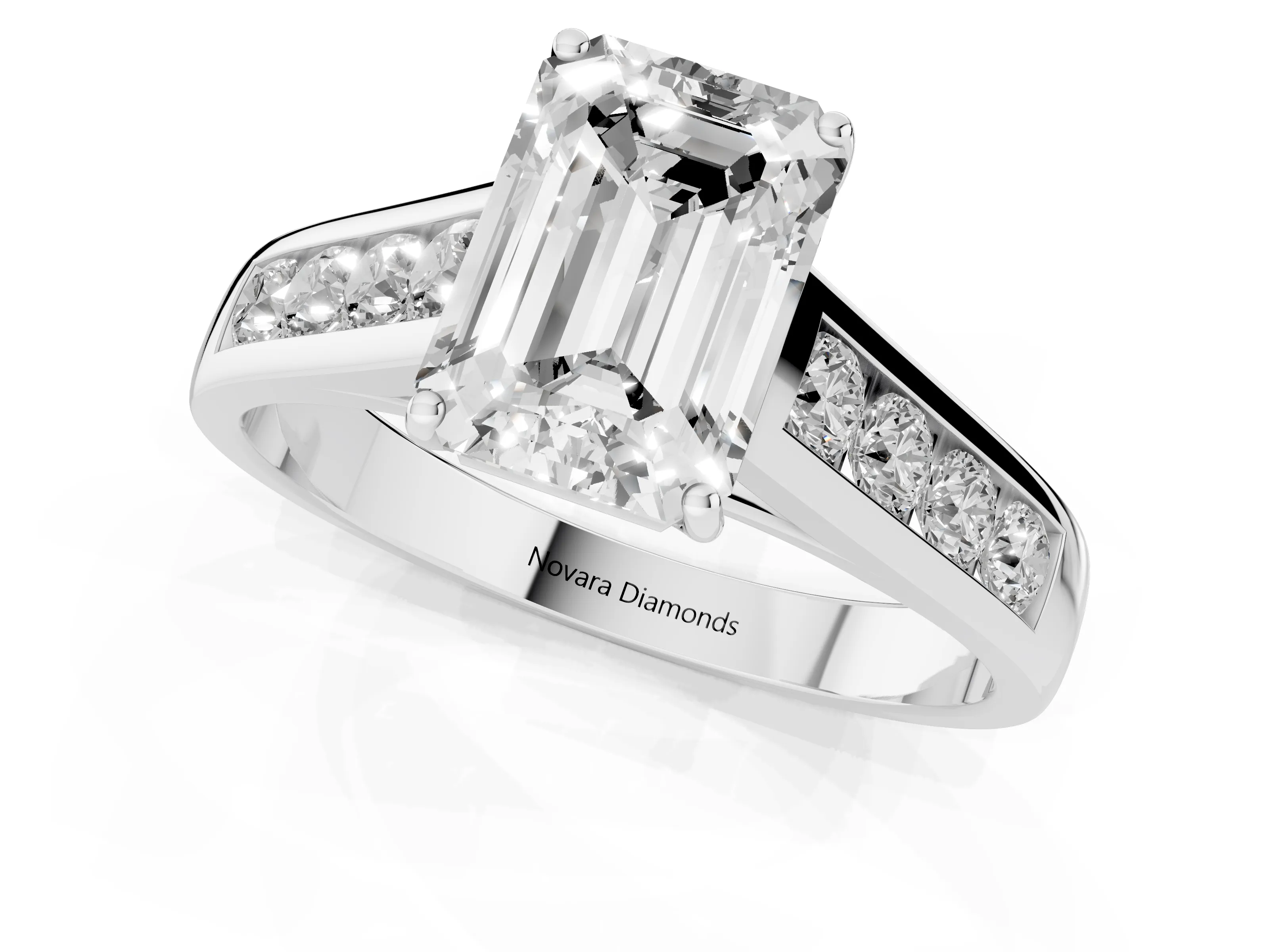 Emerald Cut Diamond Solitaire Channel-Set Engagement Ring Set in White gold with Prong Setting