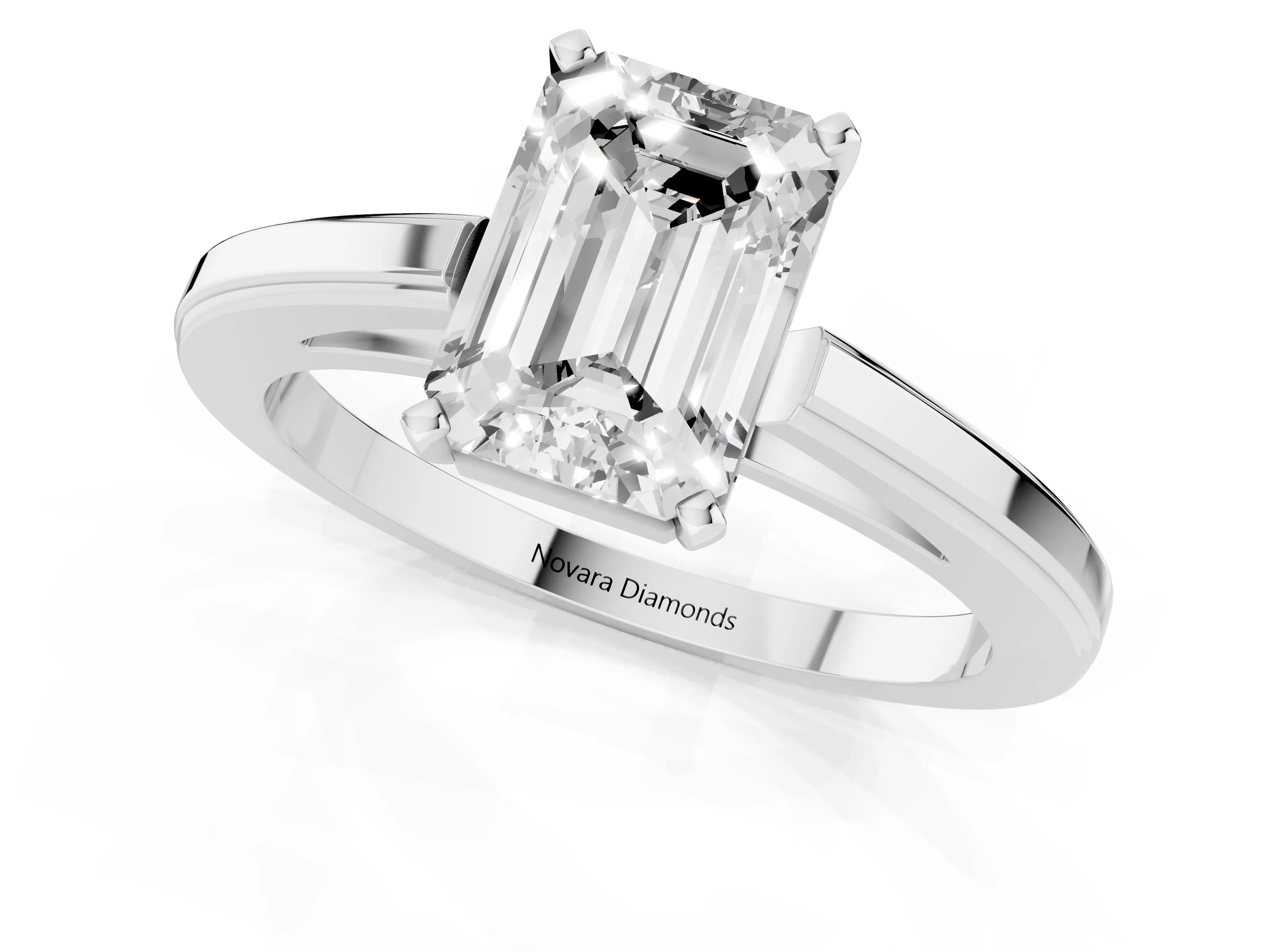Emerald Cut Diamond Solitaire Ring Set in Platinum with Prong Setting and Classic Band