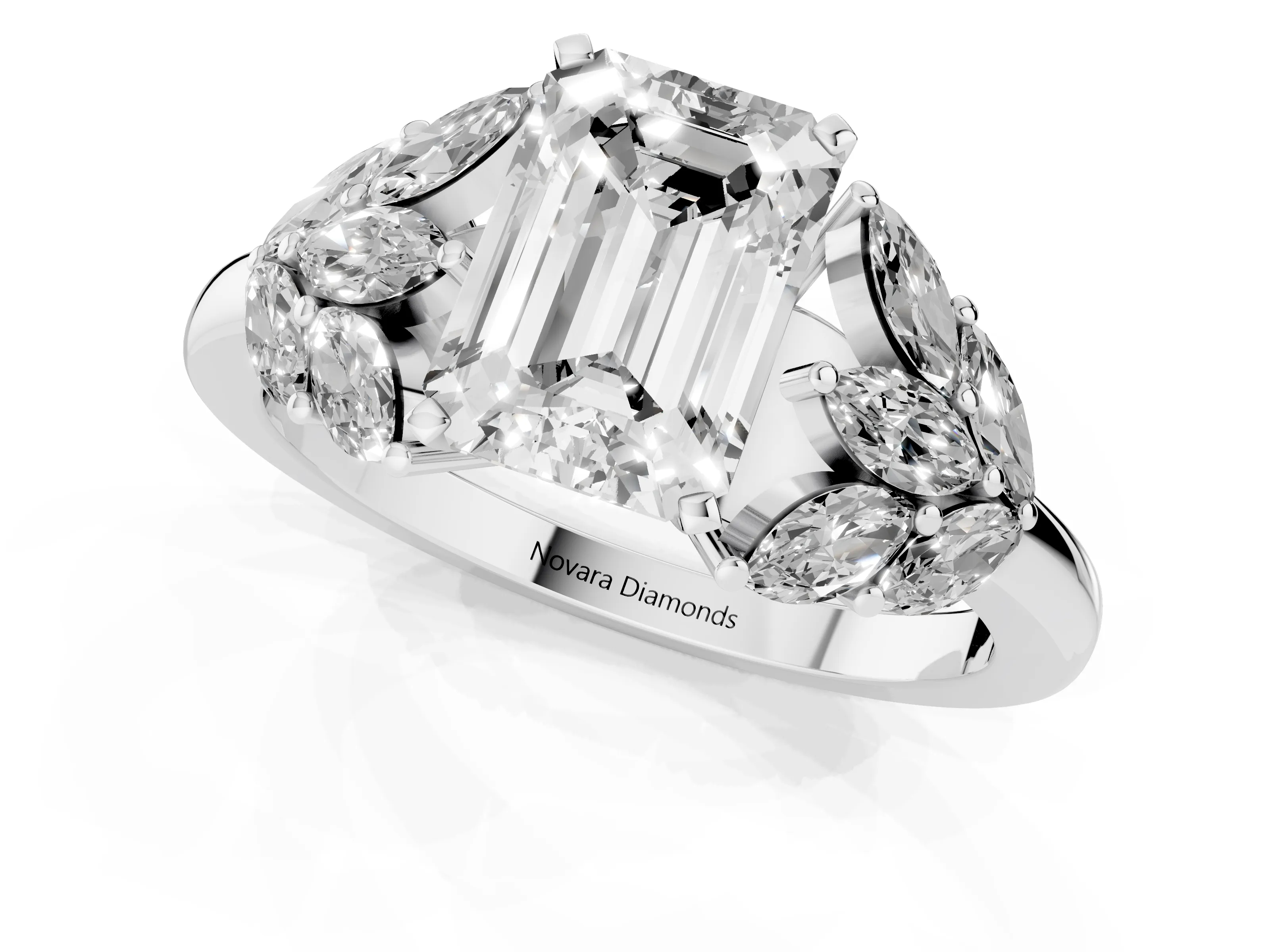 Emerald Cut Diamond Cluster Leaf Design Ring Set in Platinum with Prong Setting