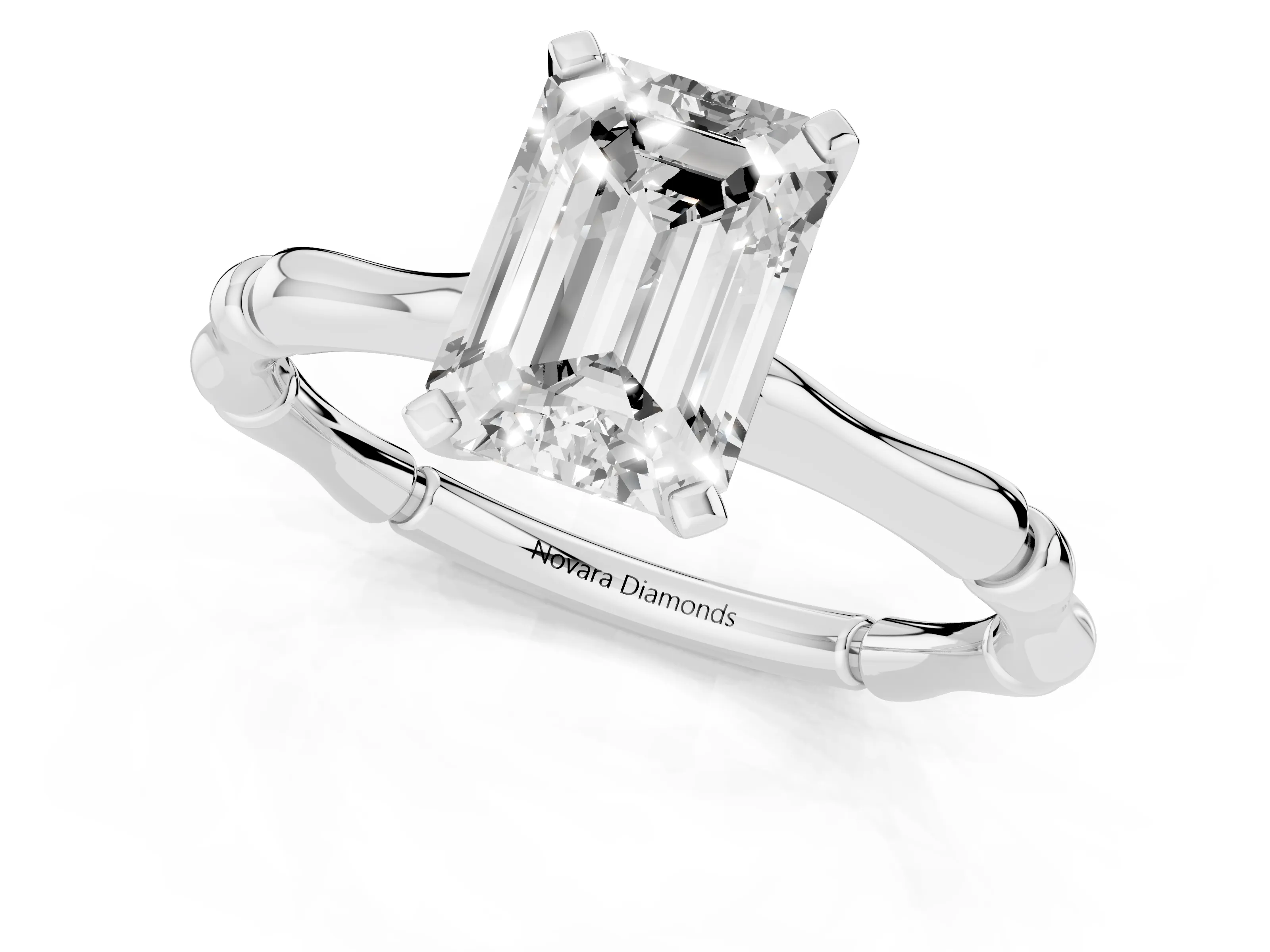Emerald Cut Diamond Solitaire Ring Set in Silver with Bamboo Band and Prong Setting