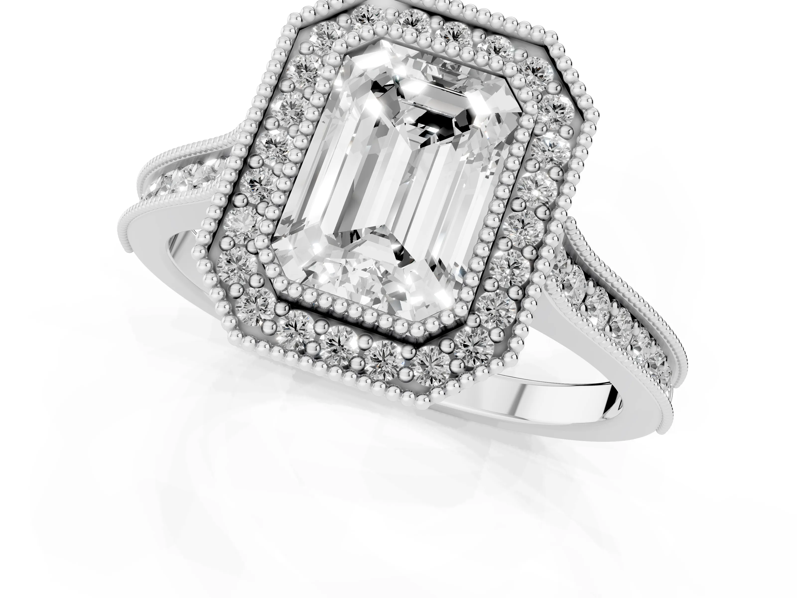 Emerald Cut Diamond Halo Milgrain Pavé Band Ring Set in White gold with Prong Setting