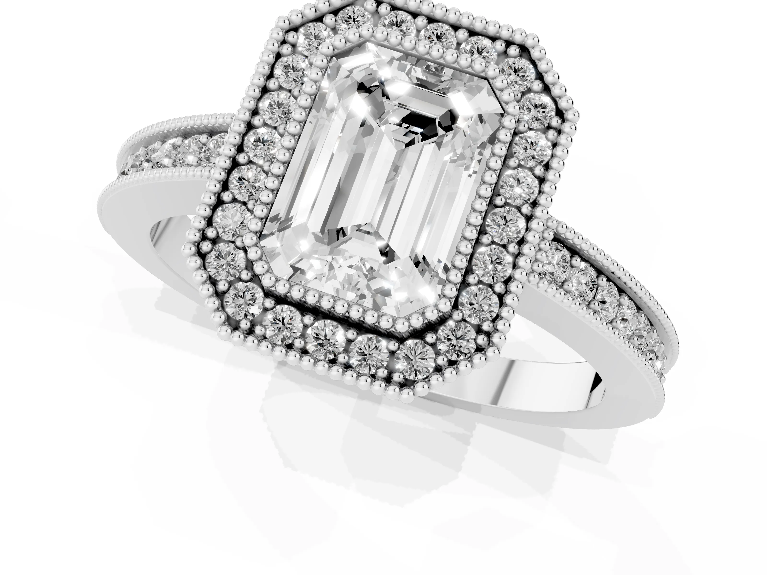 Emerald Cut Diamond Round Halo Ring Set in Platinum with Pavé Band