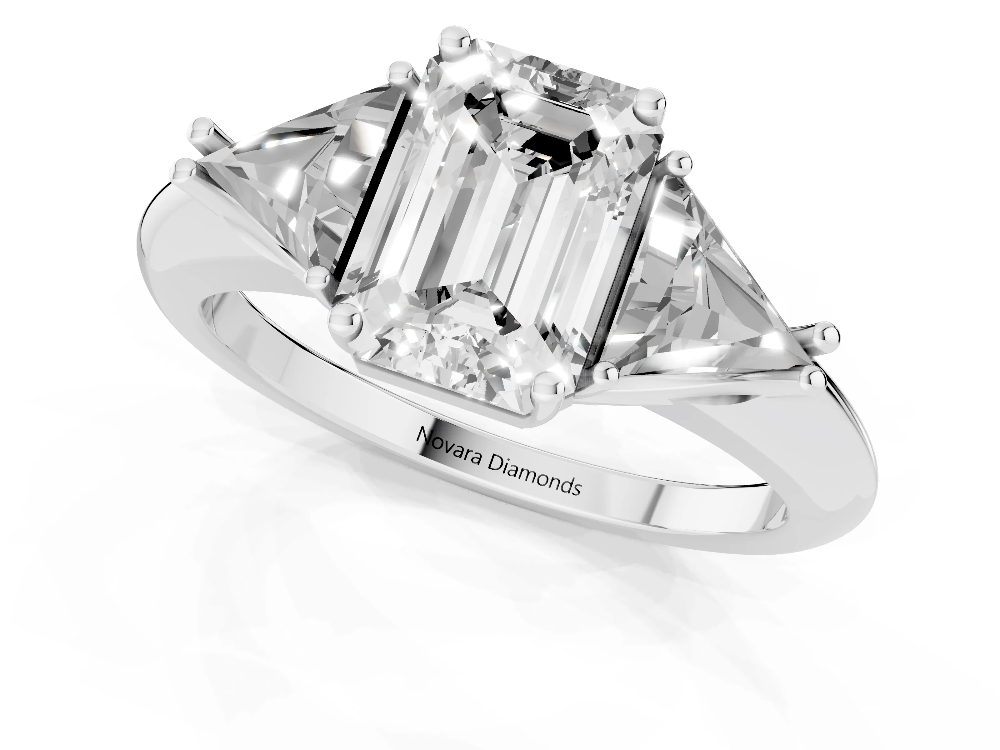 Emerald Cut Diamond Three-Stone Engagement Ring Set in Silver with Trillion Side Stones
