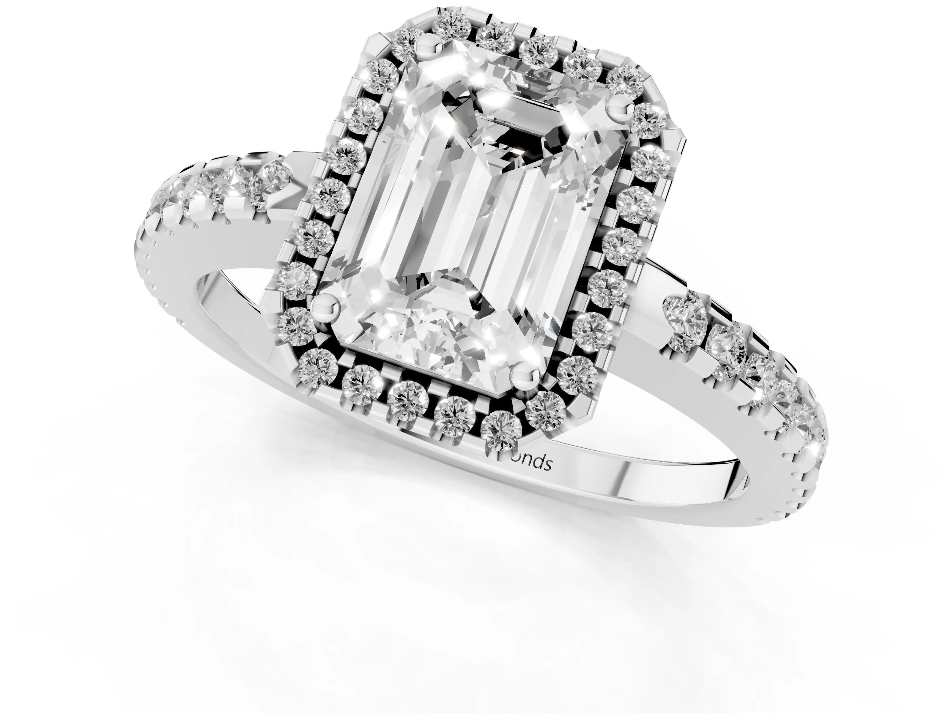 Emerald Cut Diamond Halo Ring Set in White gold with Pavé Shoulders and Halo-Framed Center