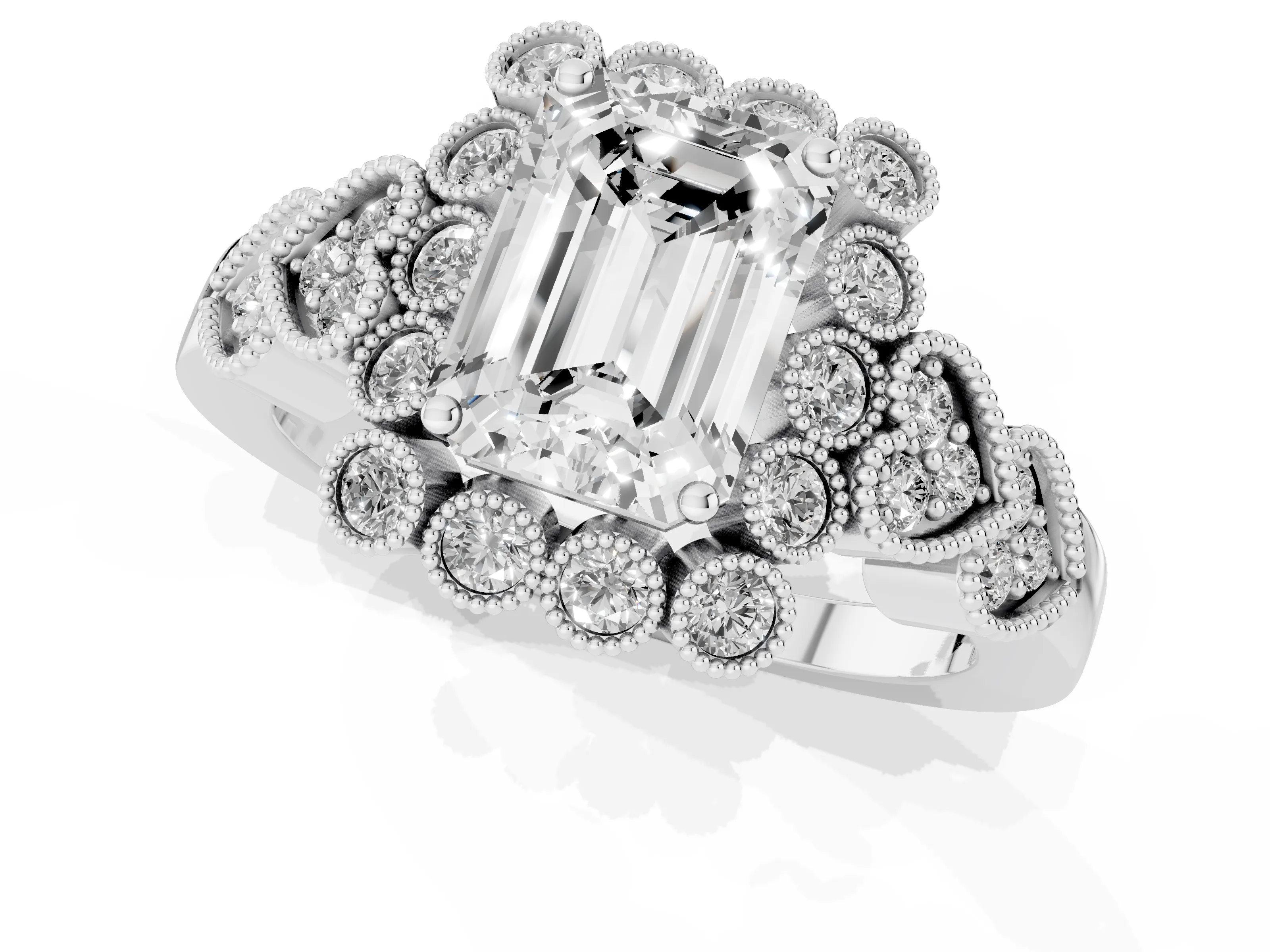 Emerald Cut Diamond Solitaire Ring Set in White gold with Milgrain Pavé Heart Band – second view