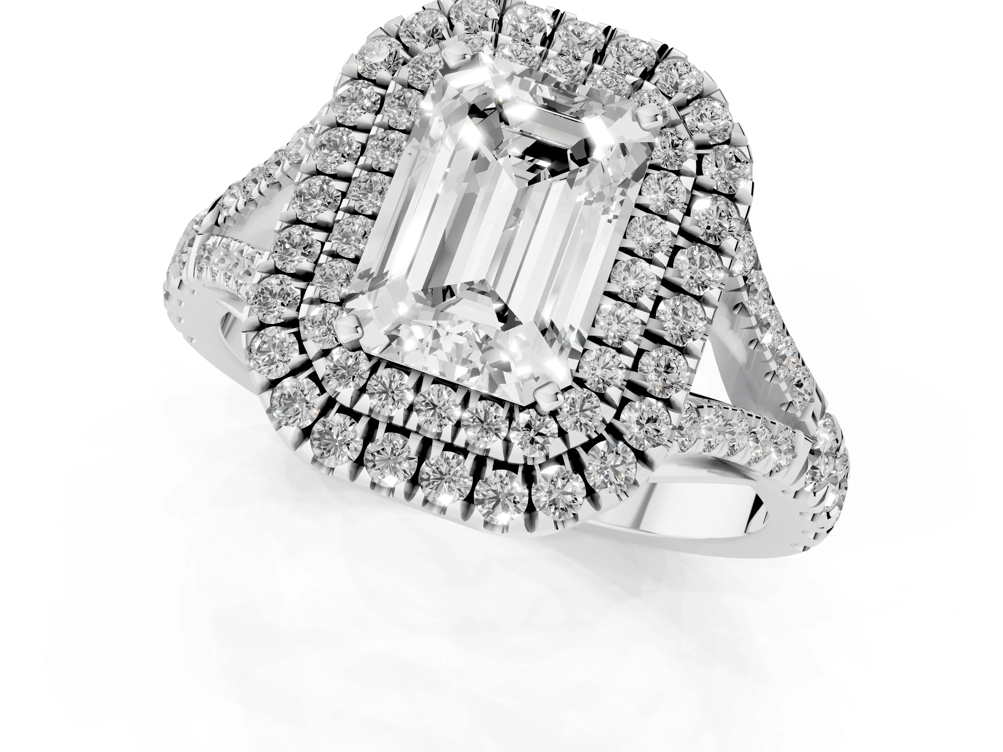 Emerald Cut Diamond Pavé Split Shank Double Halo Engagement Ring Set in White gold