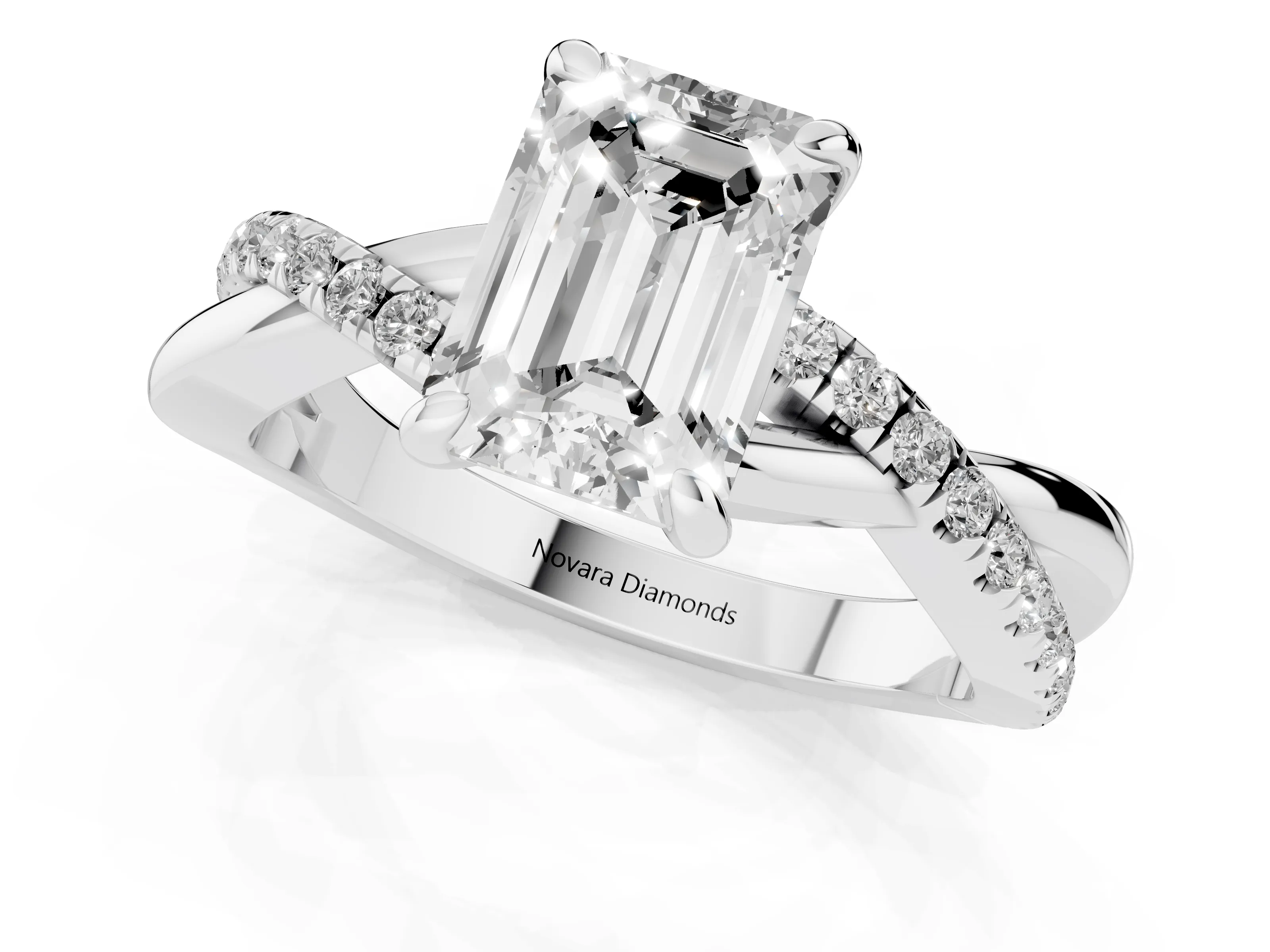 Emerald Cut Diamond Twist Band Pavé Solitaire Ring Set in White gold with Prong Setting – second view