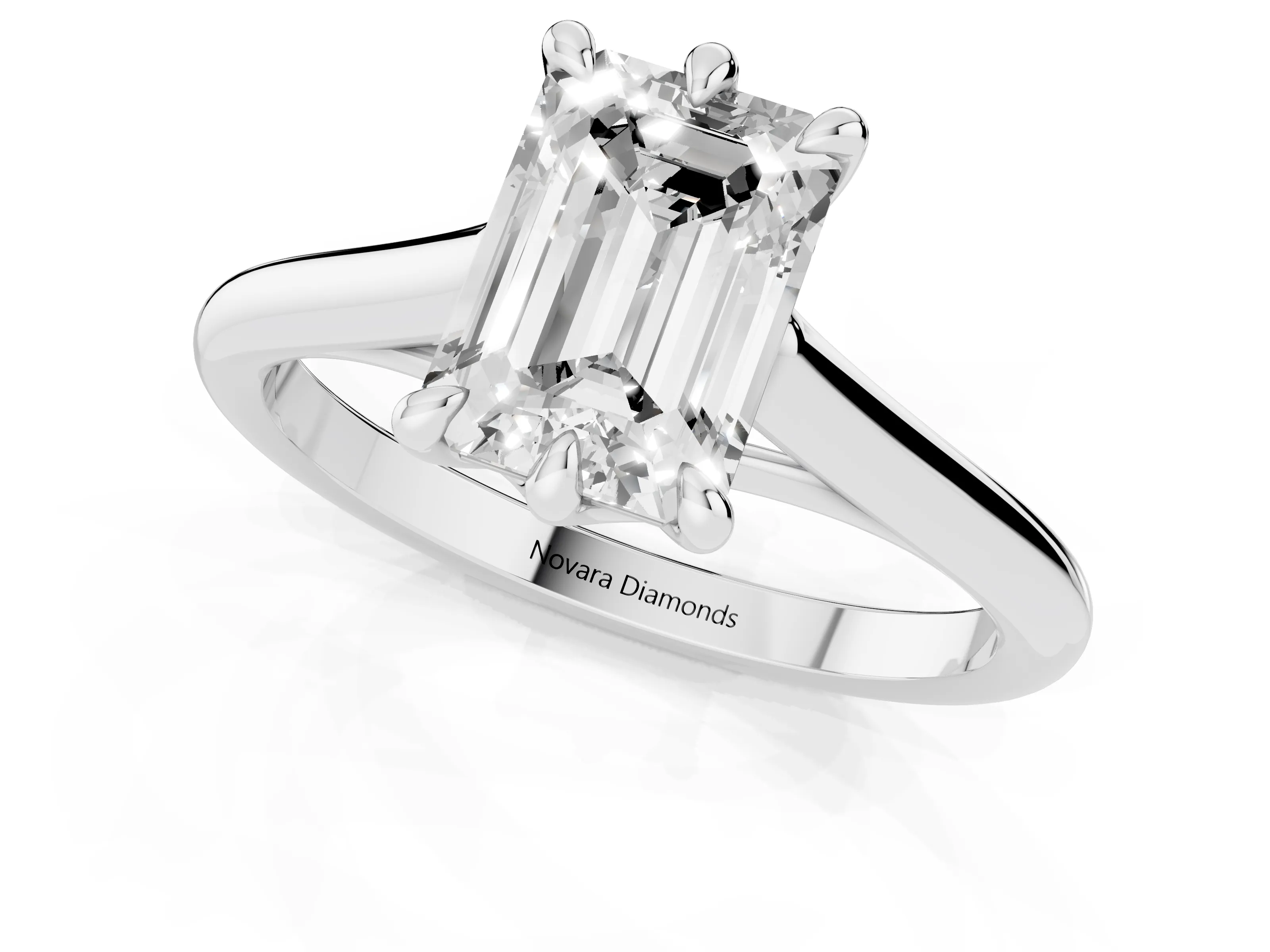 Emerald Cut Diamond Solitaire Engagement Ring Set in Silver with Prong Setting and Plain Classic Band
