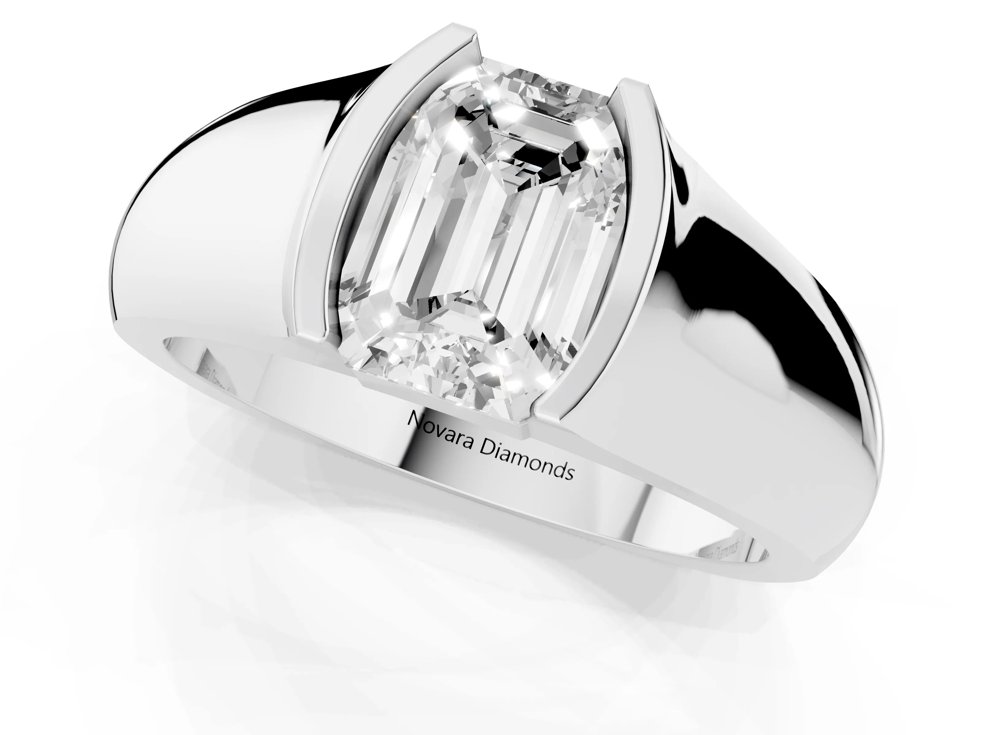 Emerald Cut Diamond Bezel Solitaire Ring Set in Silver with Wide Band