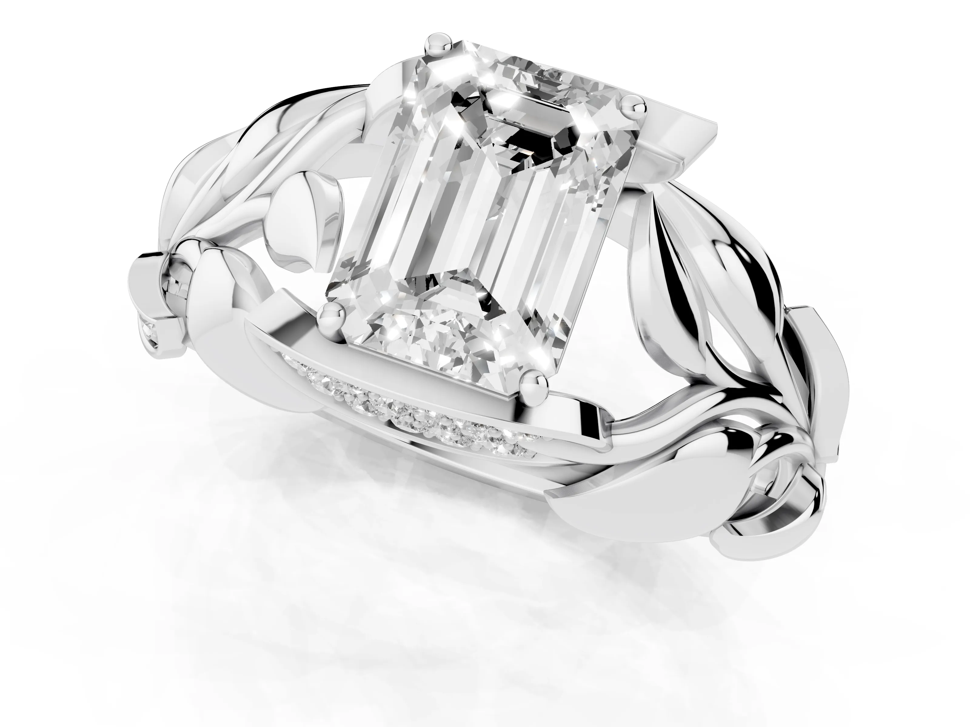 Emerald Cut Diamond Leaf-Inspired Engagement Ring Set in Silver with Round Accents