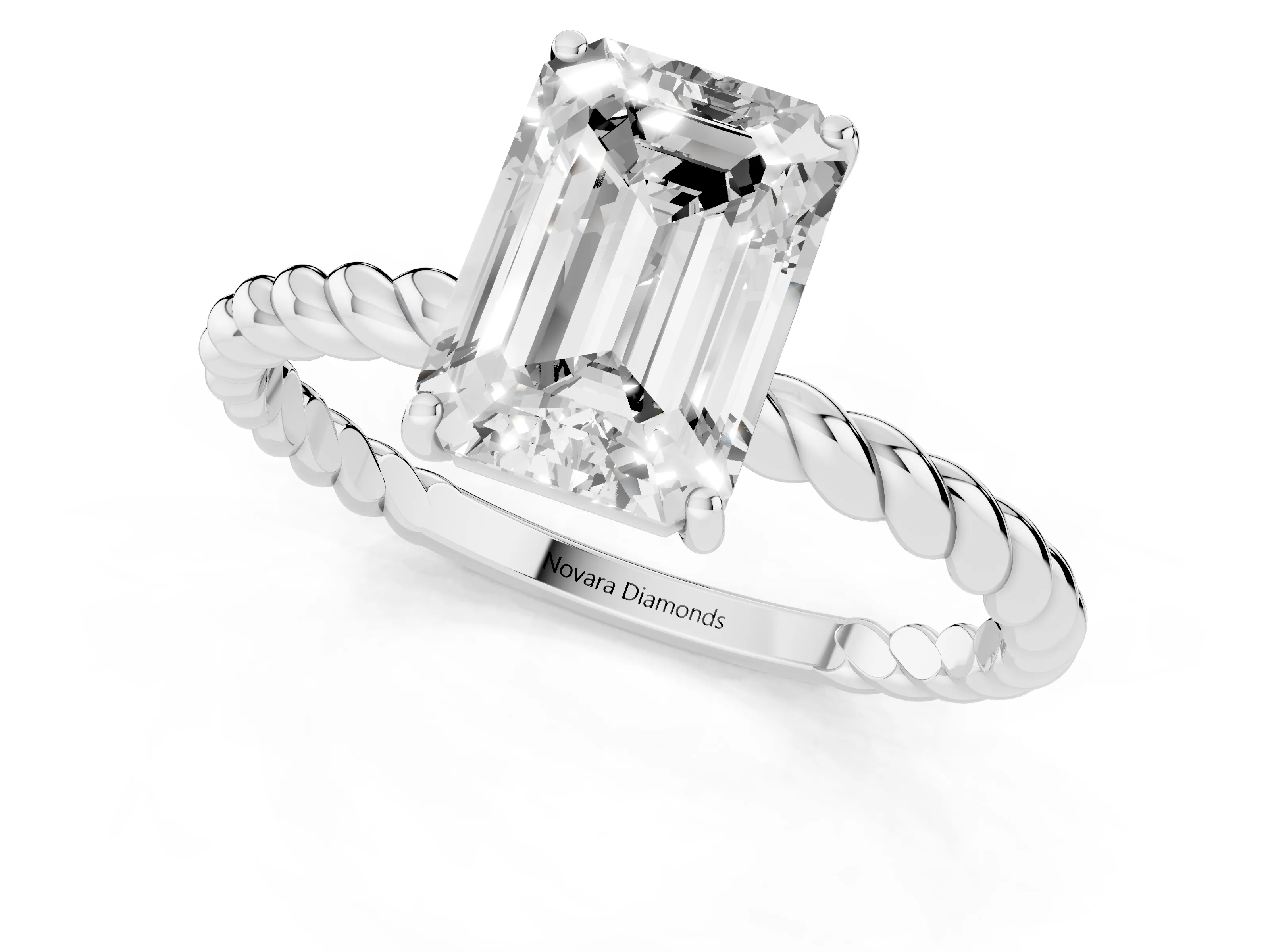 Emerald Cut Diamond Solitaire Ring Set in White gold with Twist Band and Prong Setting