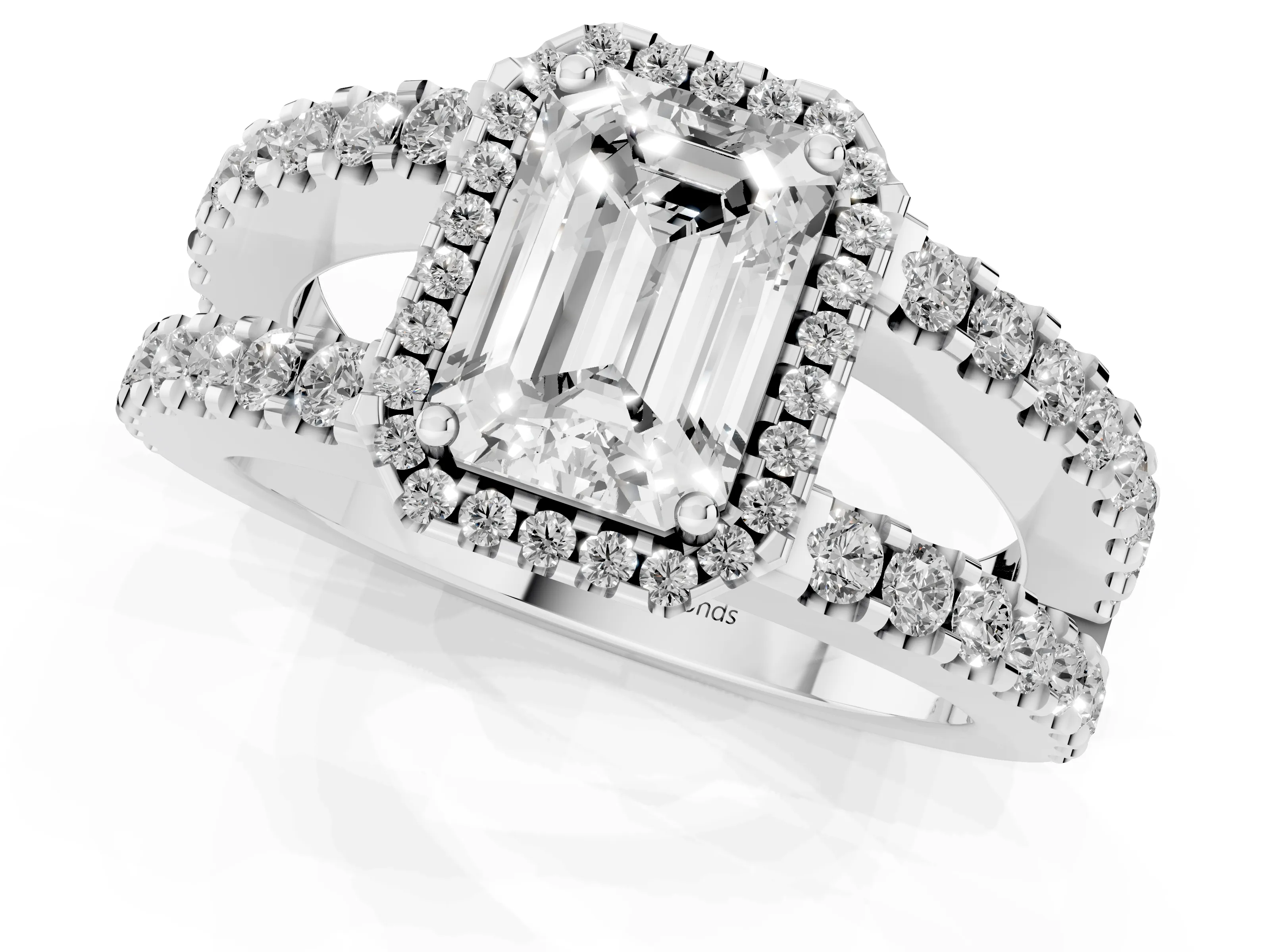 Emerald Cut Diamond Halo Ring Set in White gold with Pavé Split Shank and Prong Setting – second view