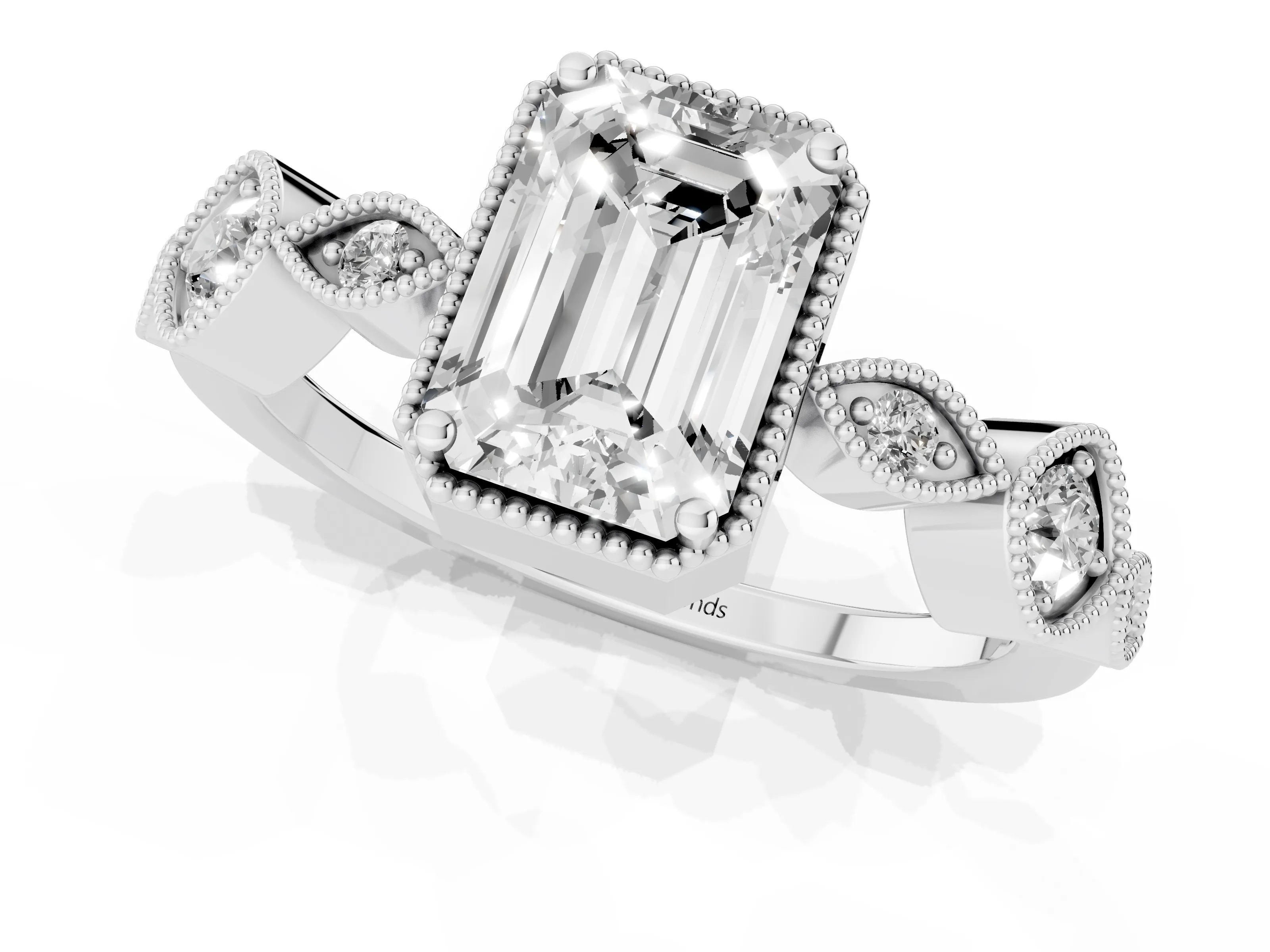 Emerald Cut Diamond Vintage-Inspired Milgrain Ring Set in Platinum with Marquise Stations of Round Accents