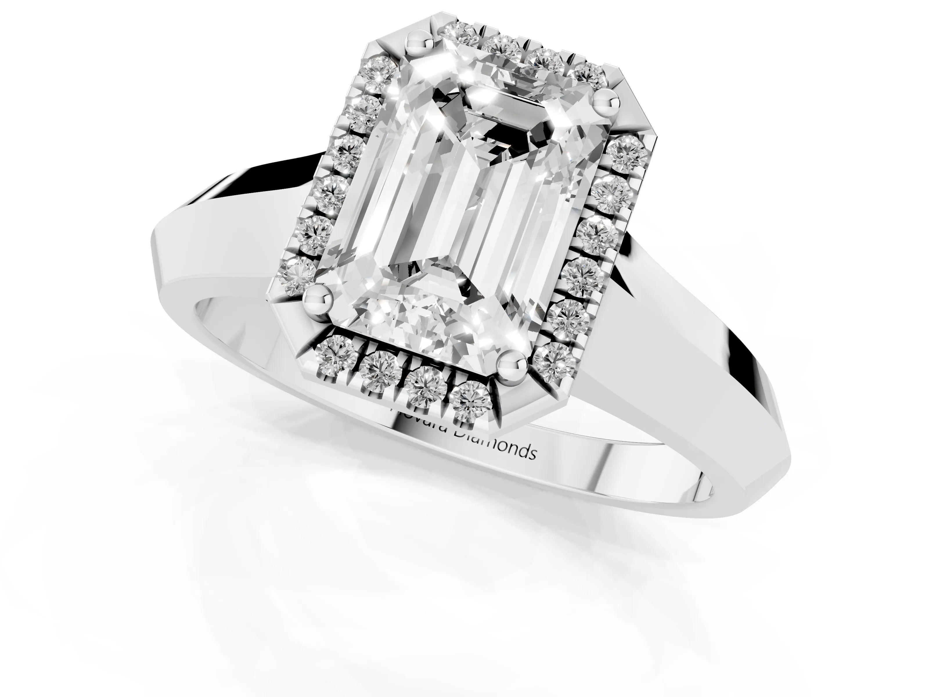 Emerald Cut Diamond Halo Ring Set in White gold with Cathedral Band and Prong Setting – second view