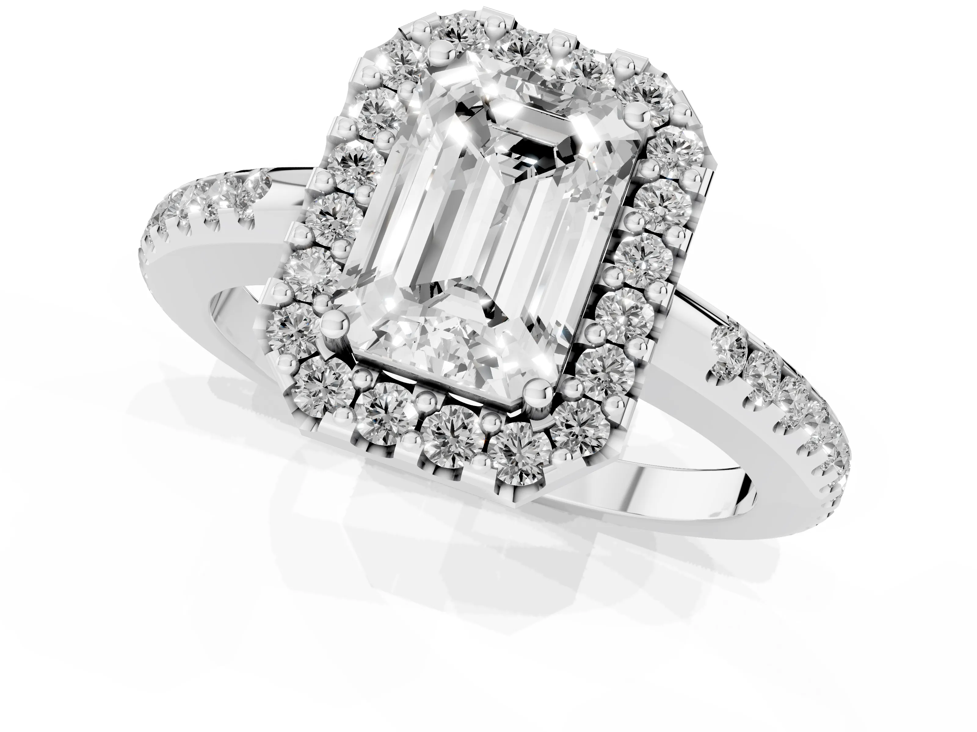 Emerald Cut Diamond Pavé Halo Ring Set in Silver with Prong Setting