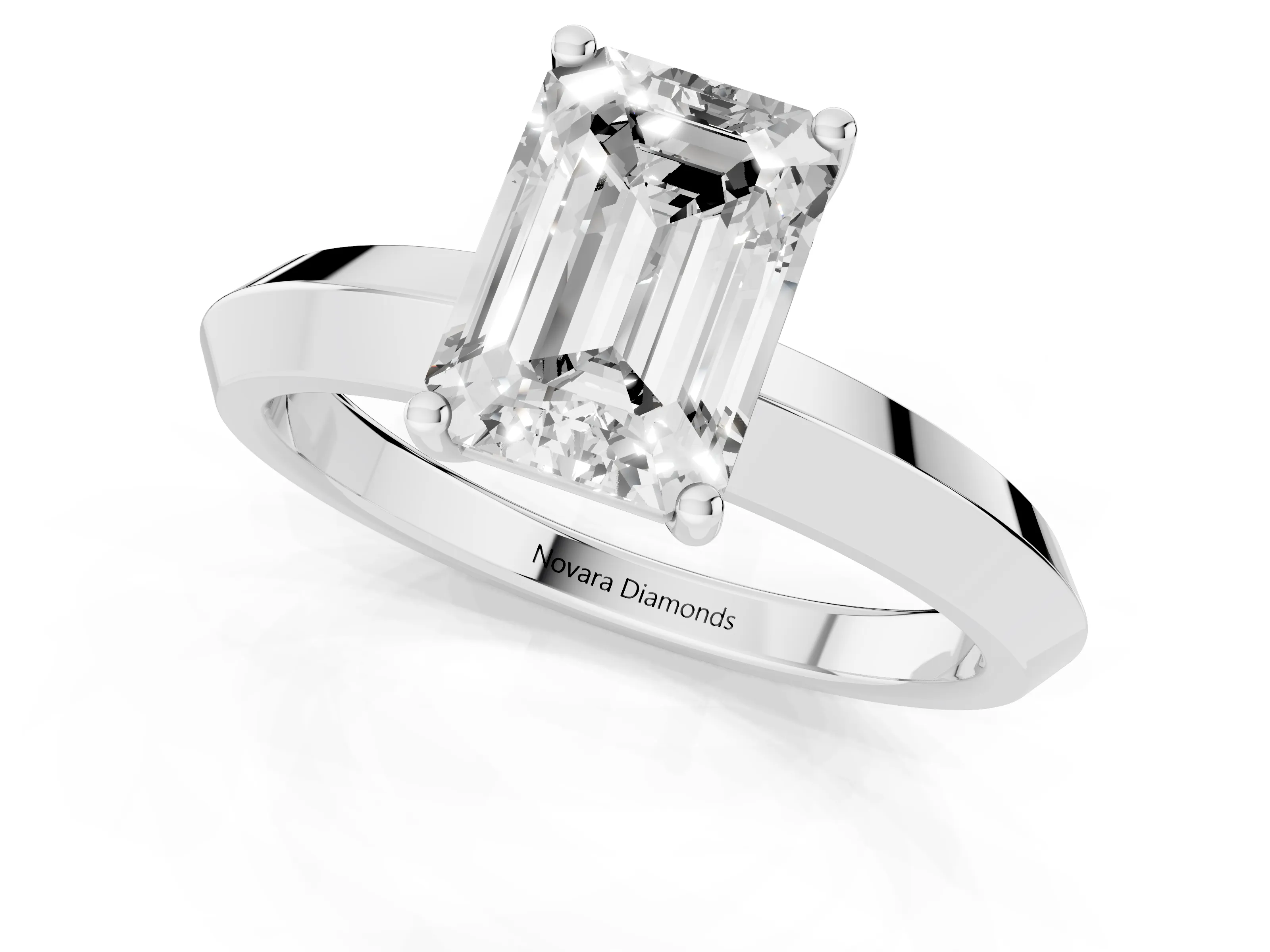 Emerald Cut Diamond Solitaire Engagement Ring Set in Platinum with Flat Band and Prong Setting