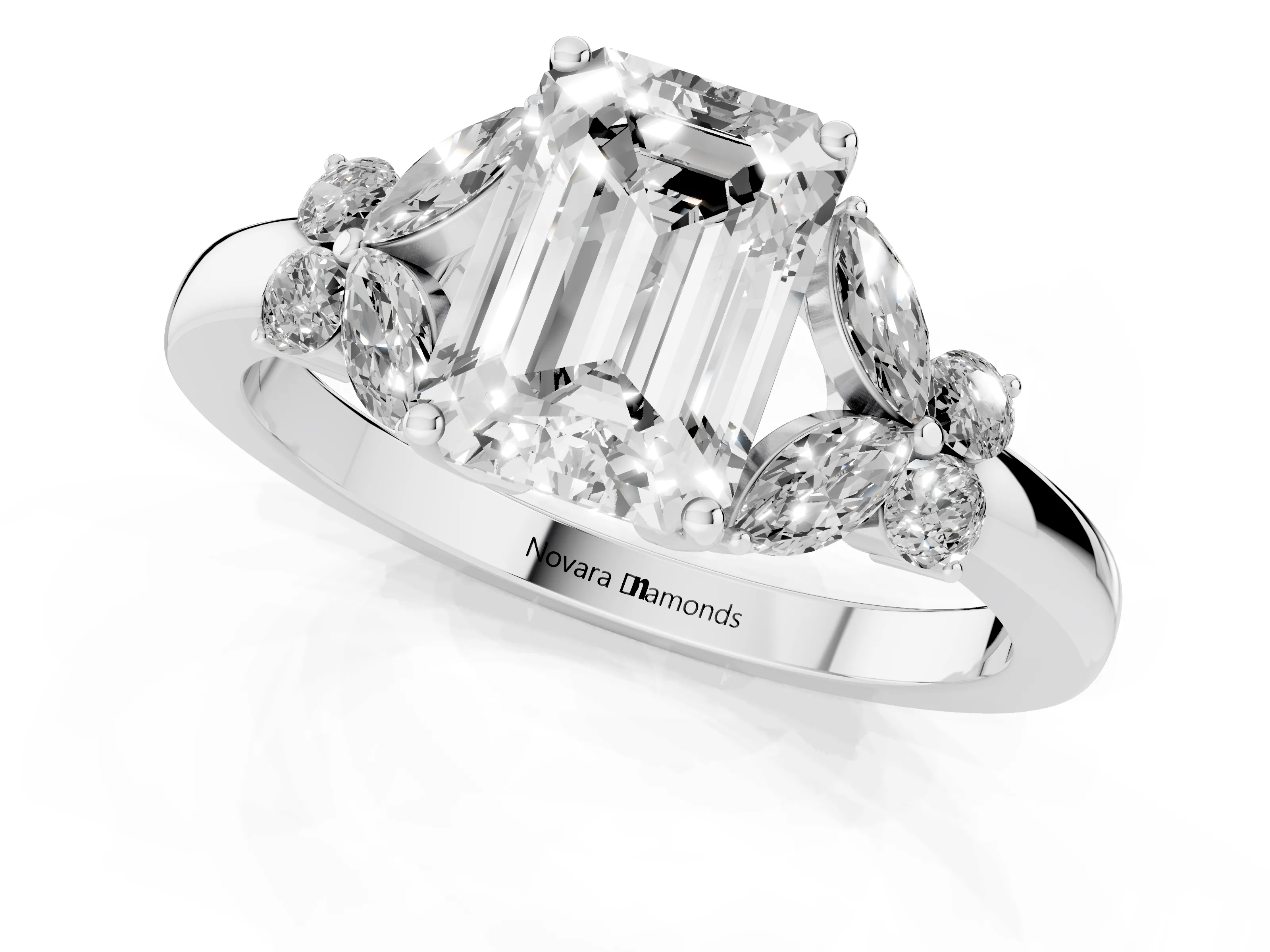 Emerald Cut Diamond Solitaire Floral Ring Set in Platinum with Marquise Petals and Prong Setting