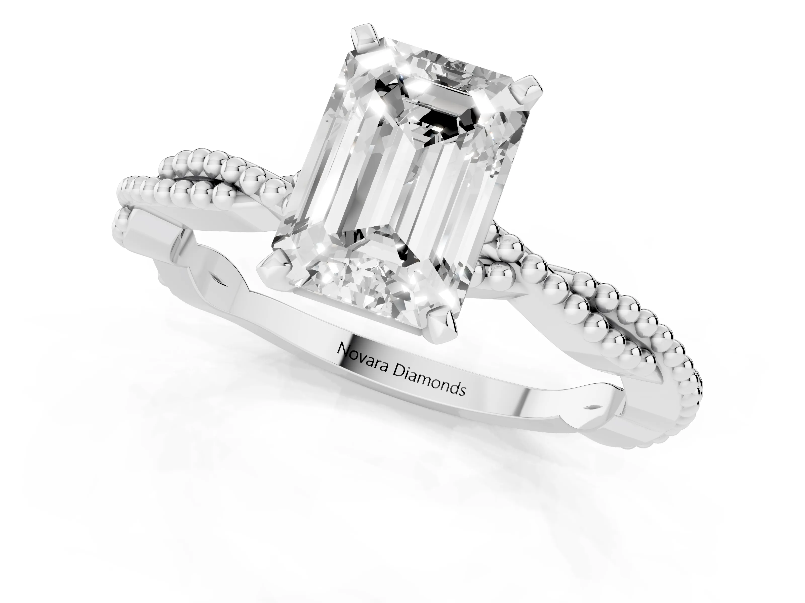 Emerald Cut Diamond Solitaire Ring Set in Platinum with Twisted Band and Bead Prong Setting