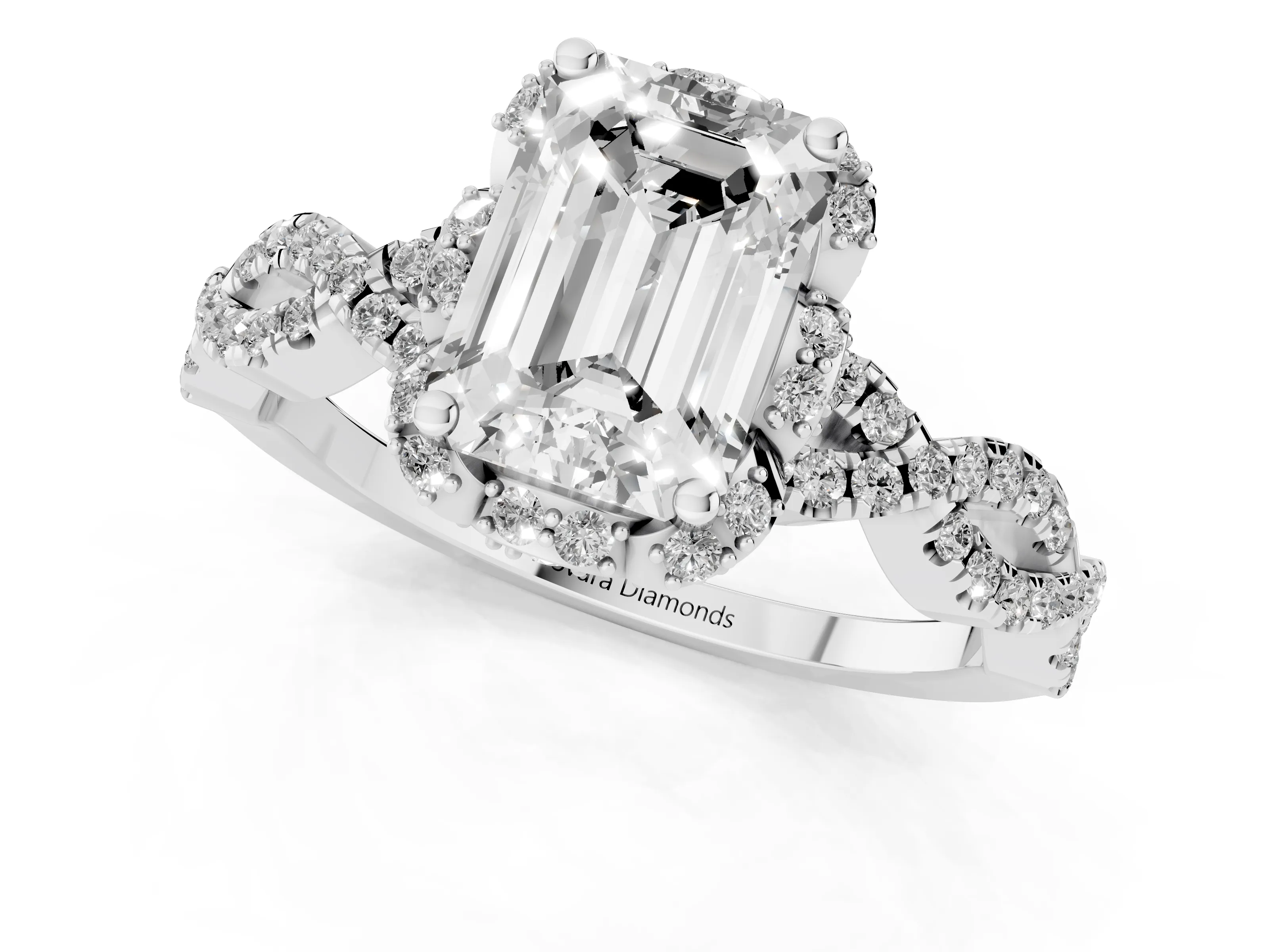 Emerald Cut Diamond Halo Twist Band Solitaire Ring Set in White gold with Prong-Set Center Stone – second view