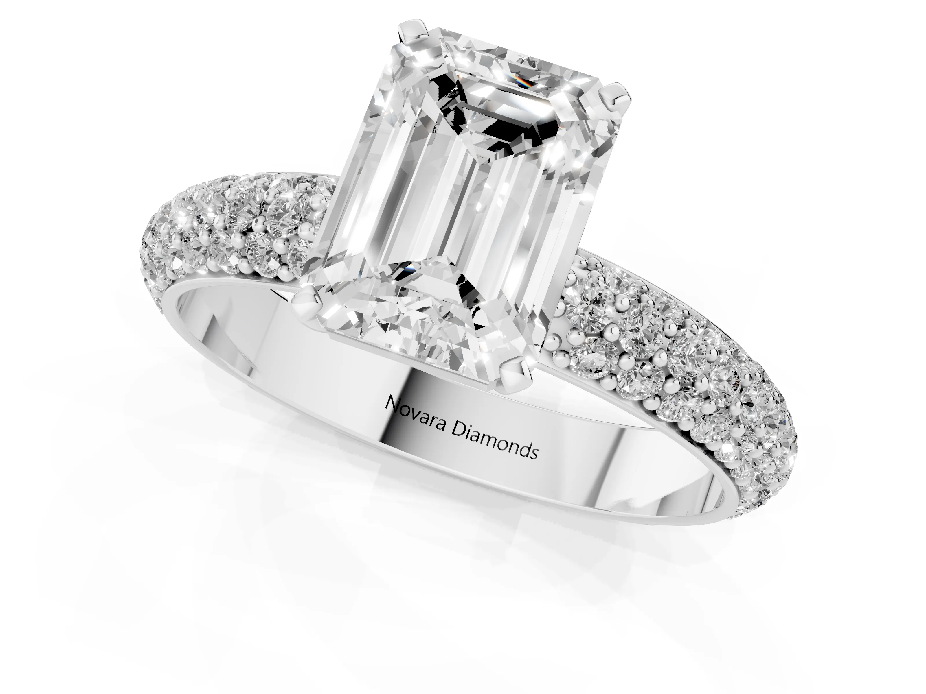 Emerald Cut Diamond Solitaire Ring Set in Platinum with Prong Setting and Pavé-Set Band