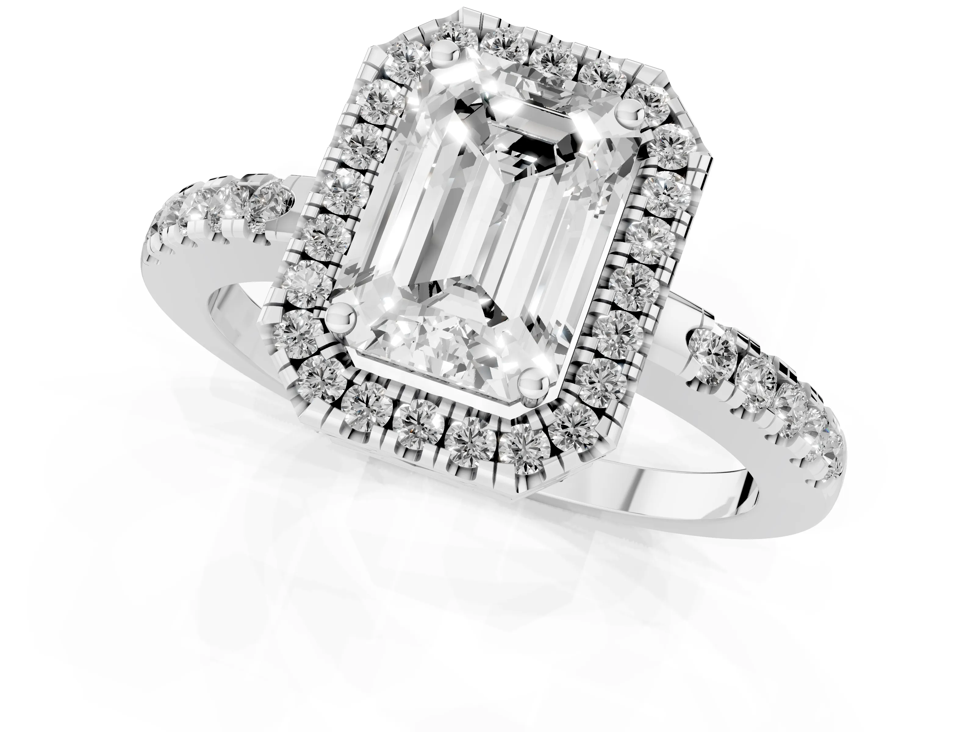 Emerald Cut Diamond Pavé Band Halo Engagement Ring Set in Silver with Prong Setting