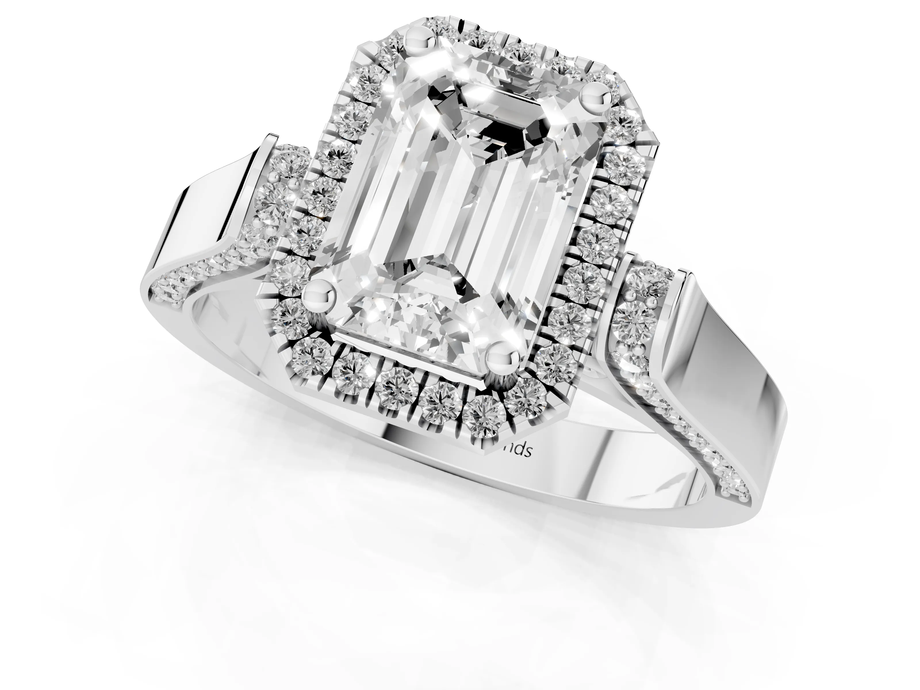 Emerald Cut Diamond Halo Ring Set in Platinum with Pavé-Lined Split Shank Band