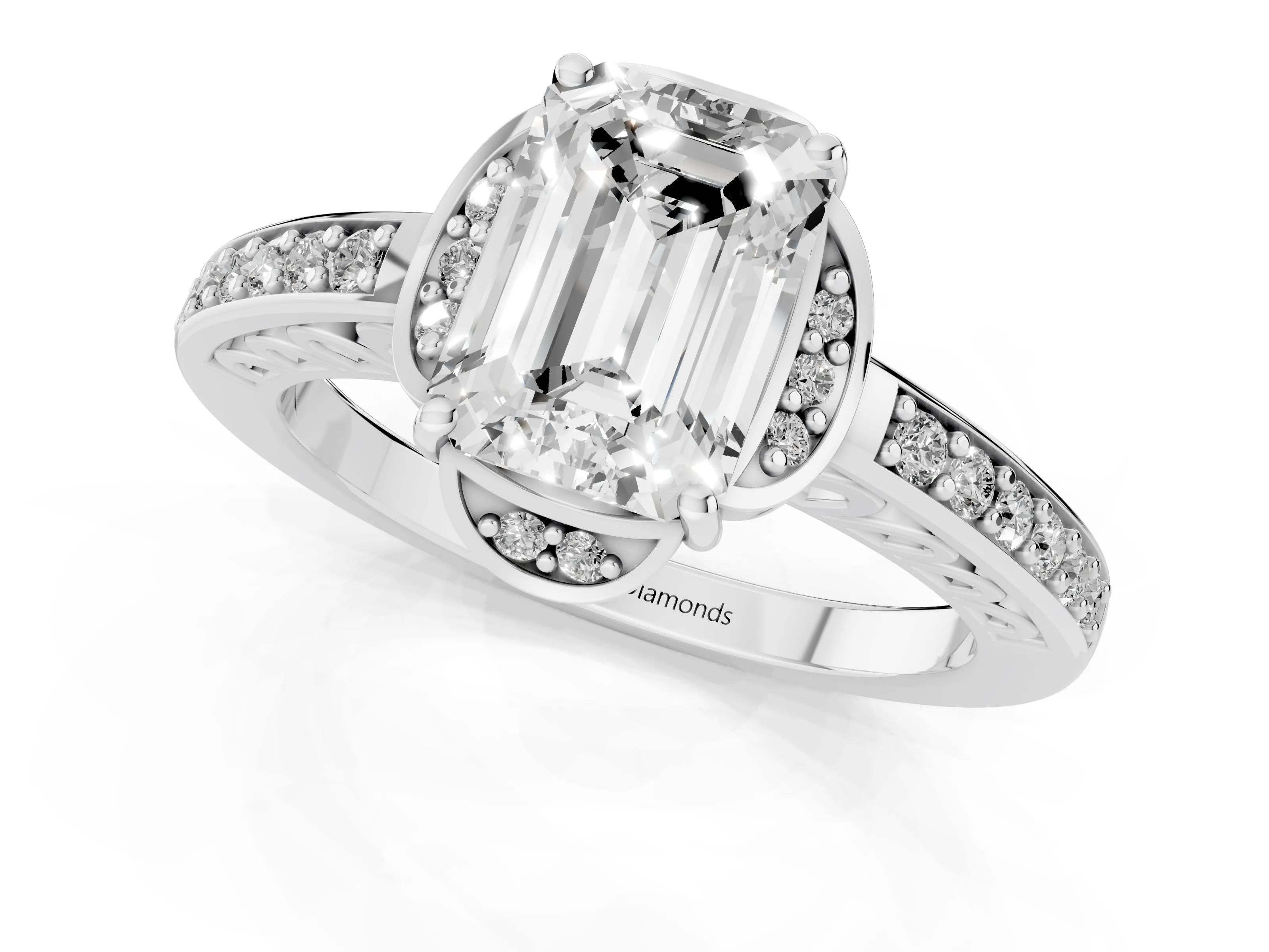Emerald Cut Diamond Halo Ring Set in Silver with Channel Set Band and Prong Setting